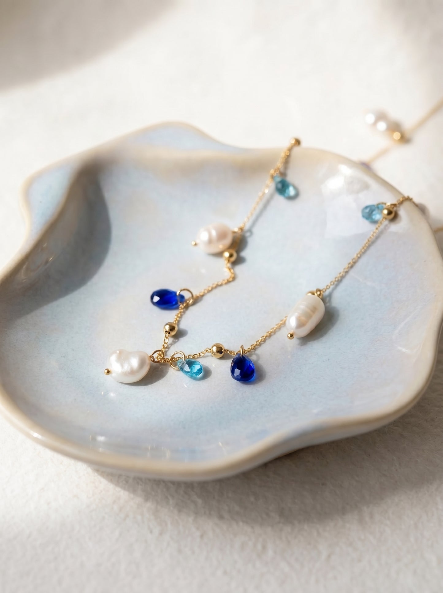 Delicate Pearl and Blue Stones Necklace