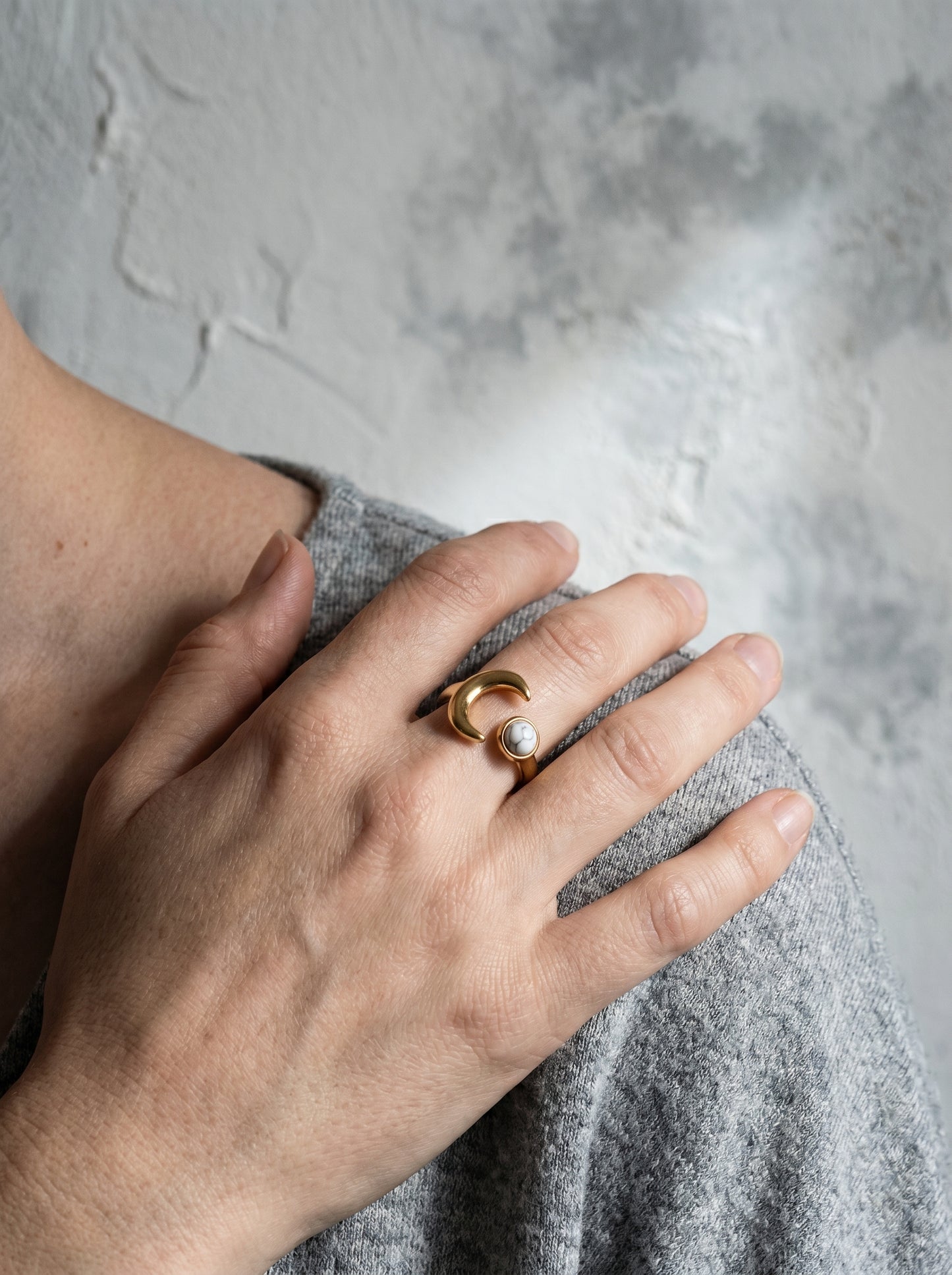 White Howlite Moon Adjustable Ring