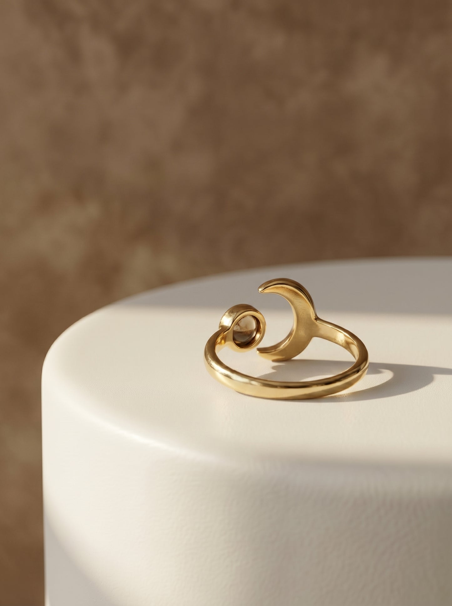 Moon & Smoky Quartz Gold Plated Adjustable Ring