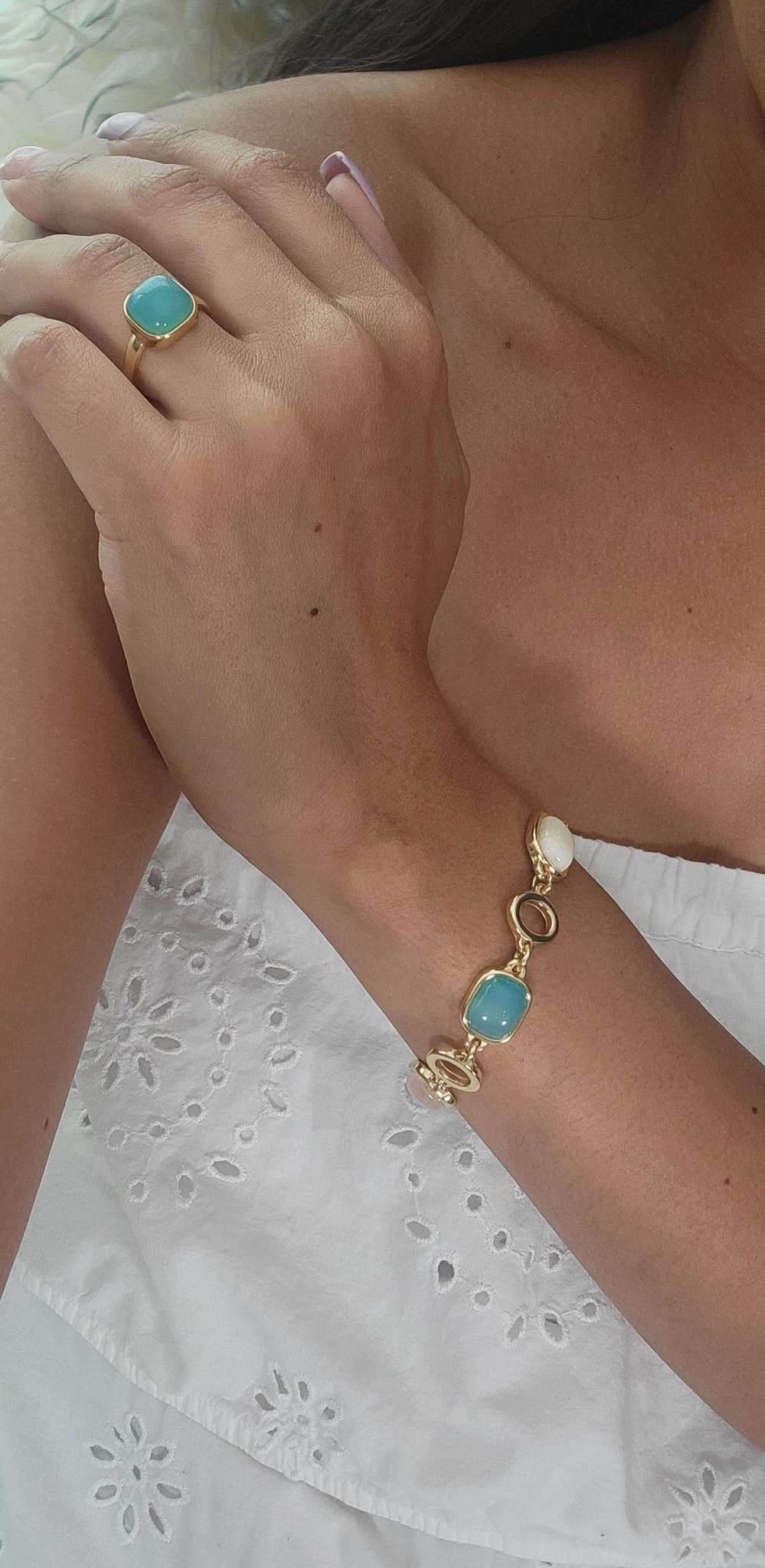 Tri - Stones Bracelet - Rose Quartz, Agate,Beige Amazonite