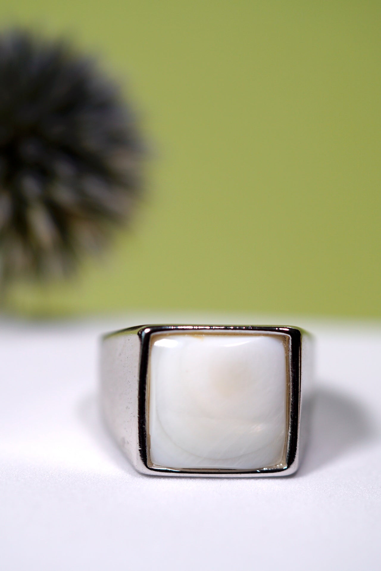 Mother-of-Pearl Rhodium- Plated Square Signet Ring