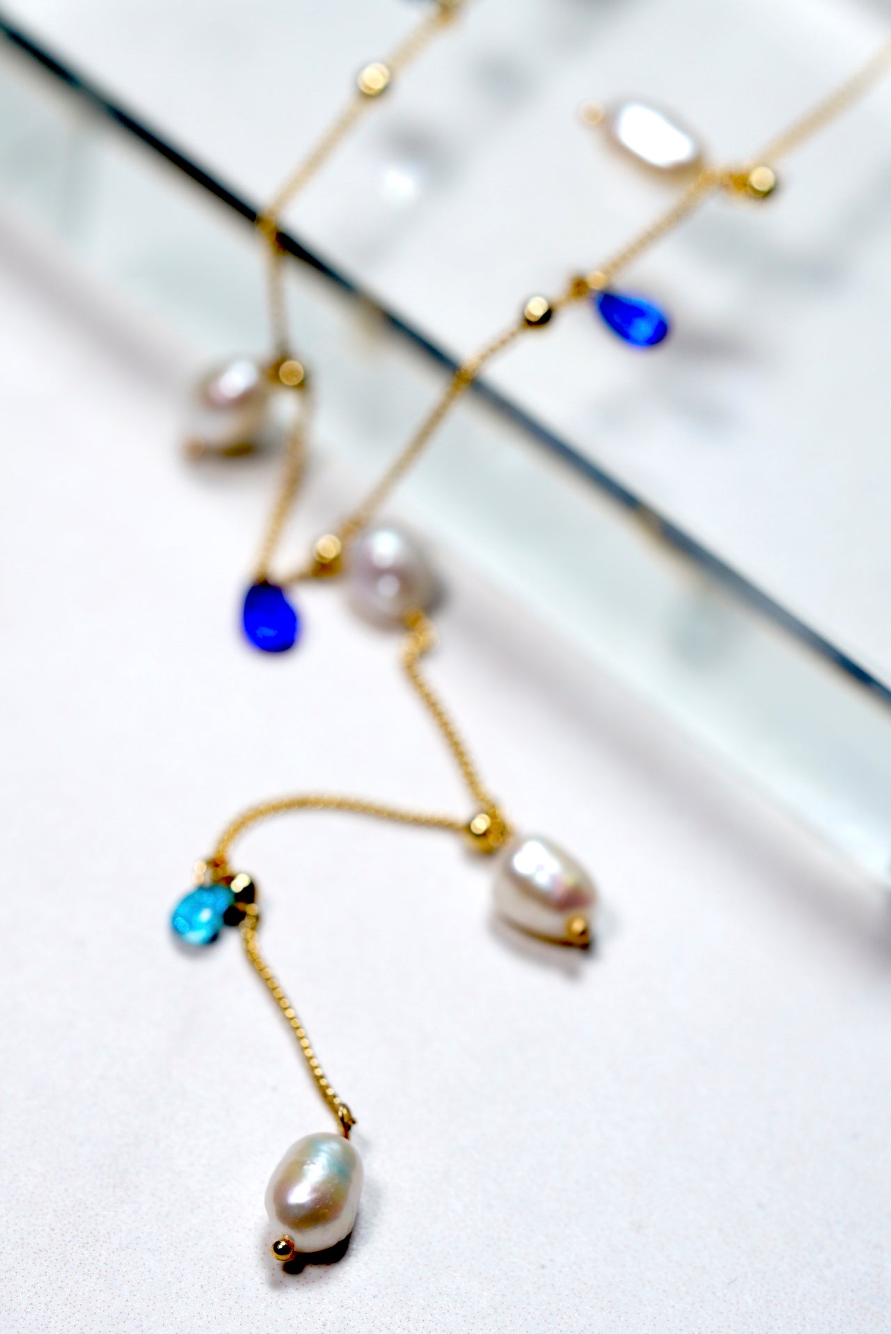 Pearl and Blue Stones Lariat Necklace
