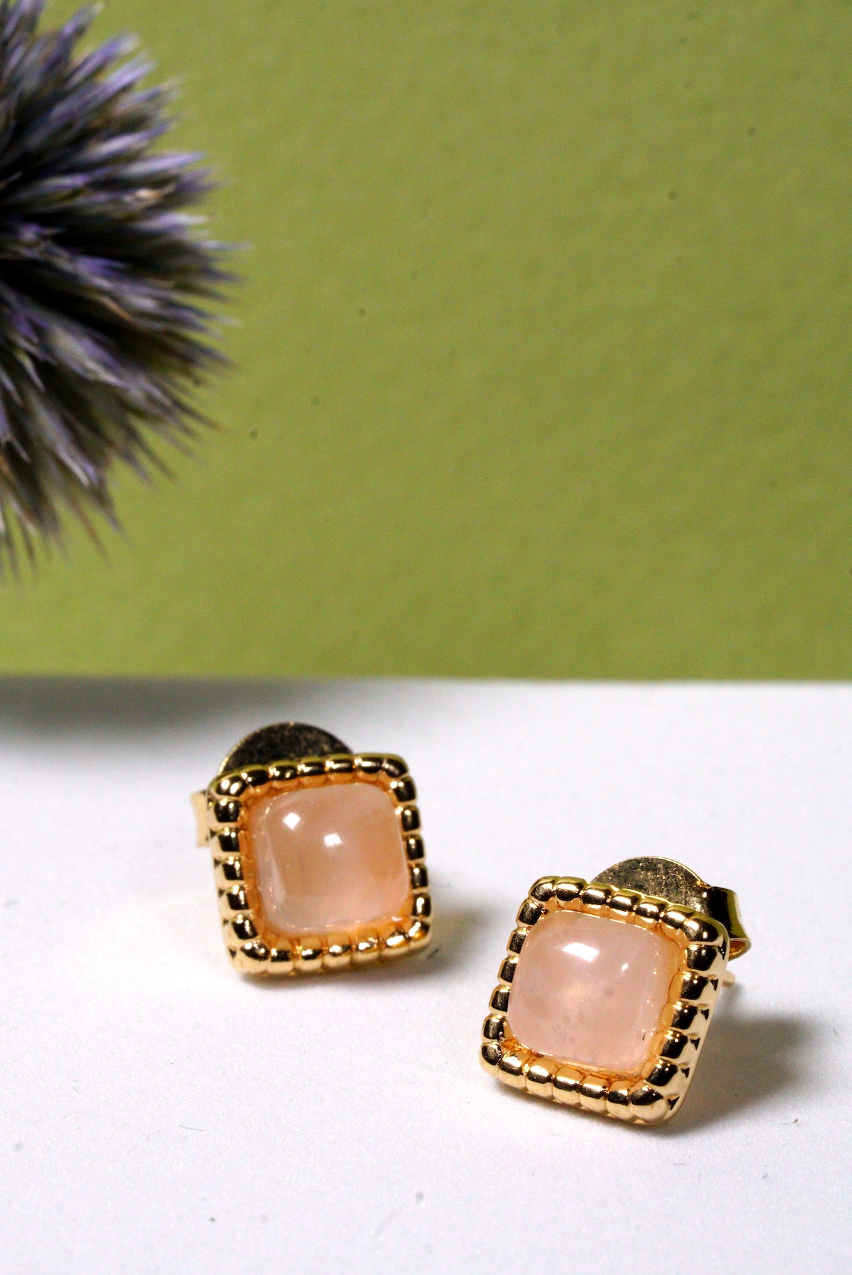 Square Rose Quartz Stud Earrings in a Gold-Plated Setting
