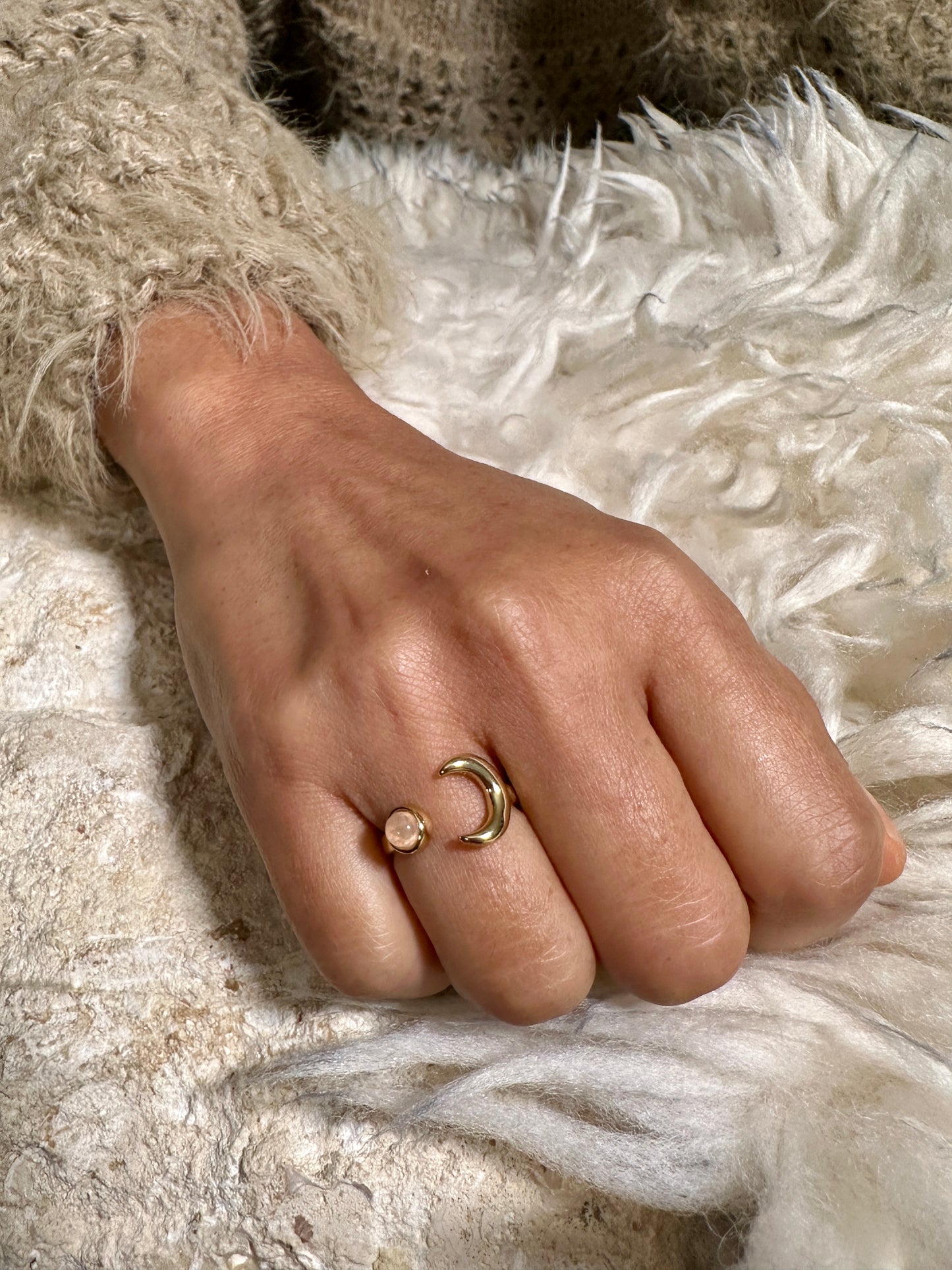 Moon and Rose Quartz Stone Ring