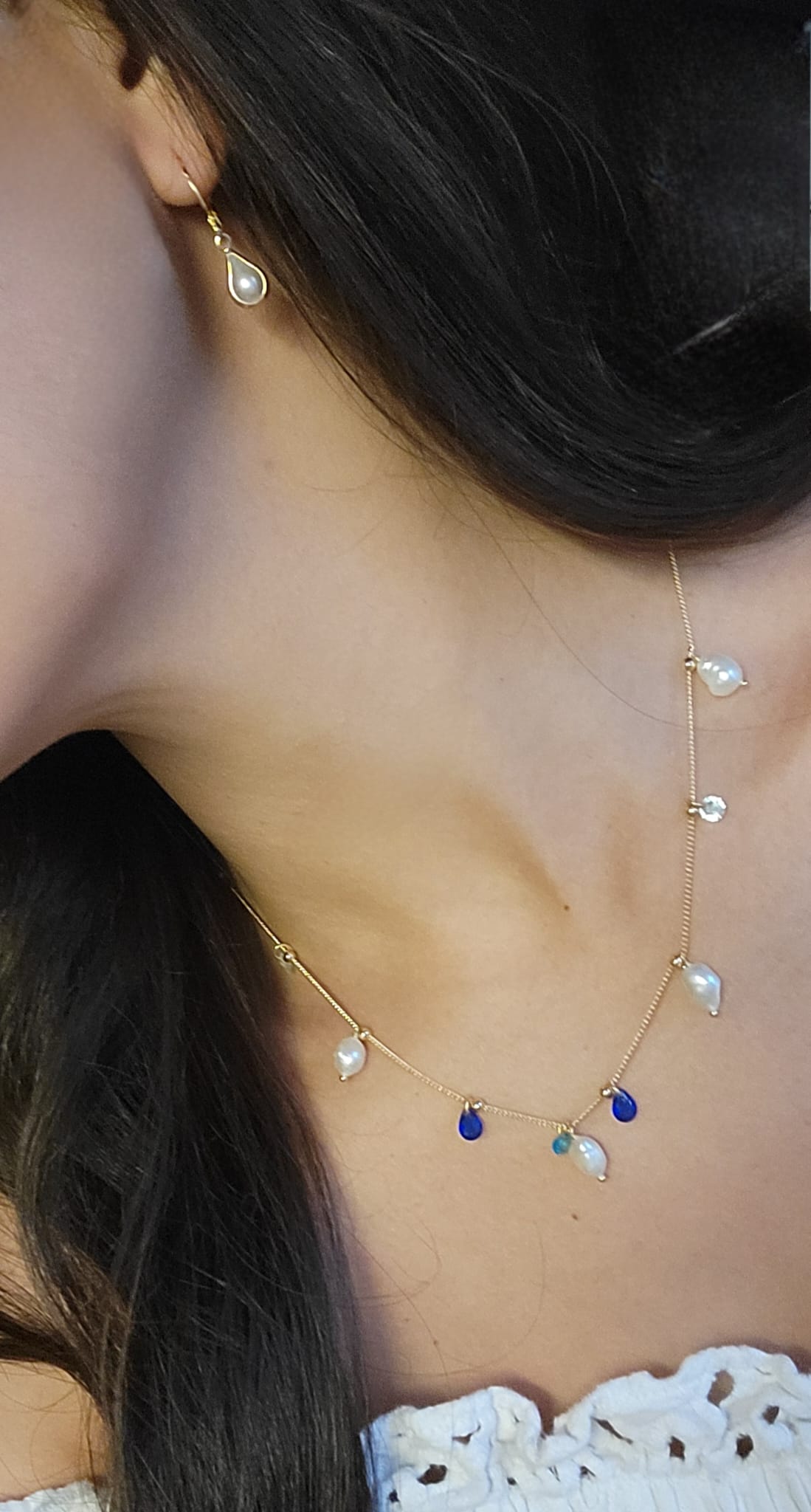 Delicate Pearl and Blue Stones Necklace