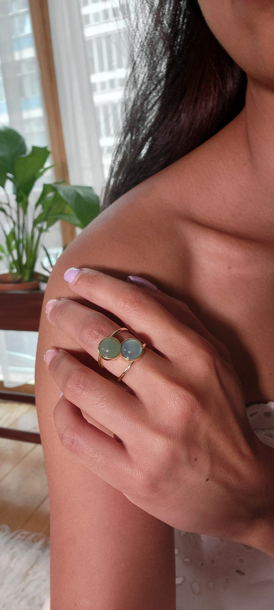 Dual Stone Cuff Ring - Green Agate, Green Quartz
