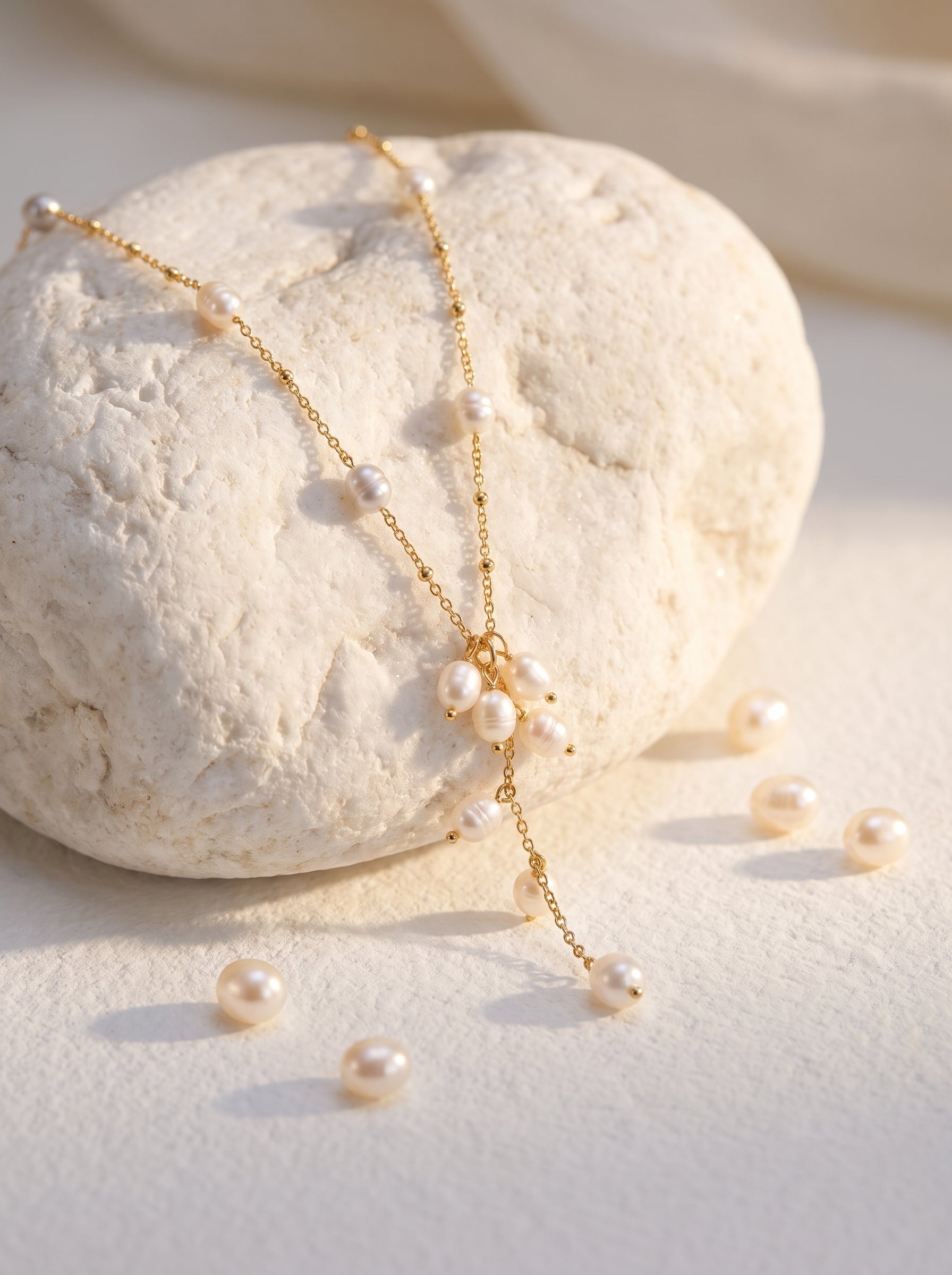 Long gold-plated freshwater pearl lariat necklace with scattered pearls and cascading pearl drop pendant on white background