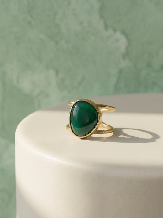 Green agate cuff ring with gold-plated double band, natural oval stone — StoneCraft Jewellery