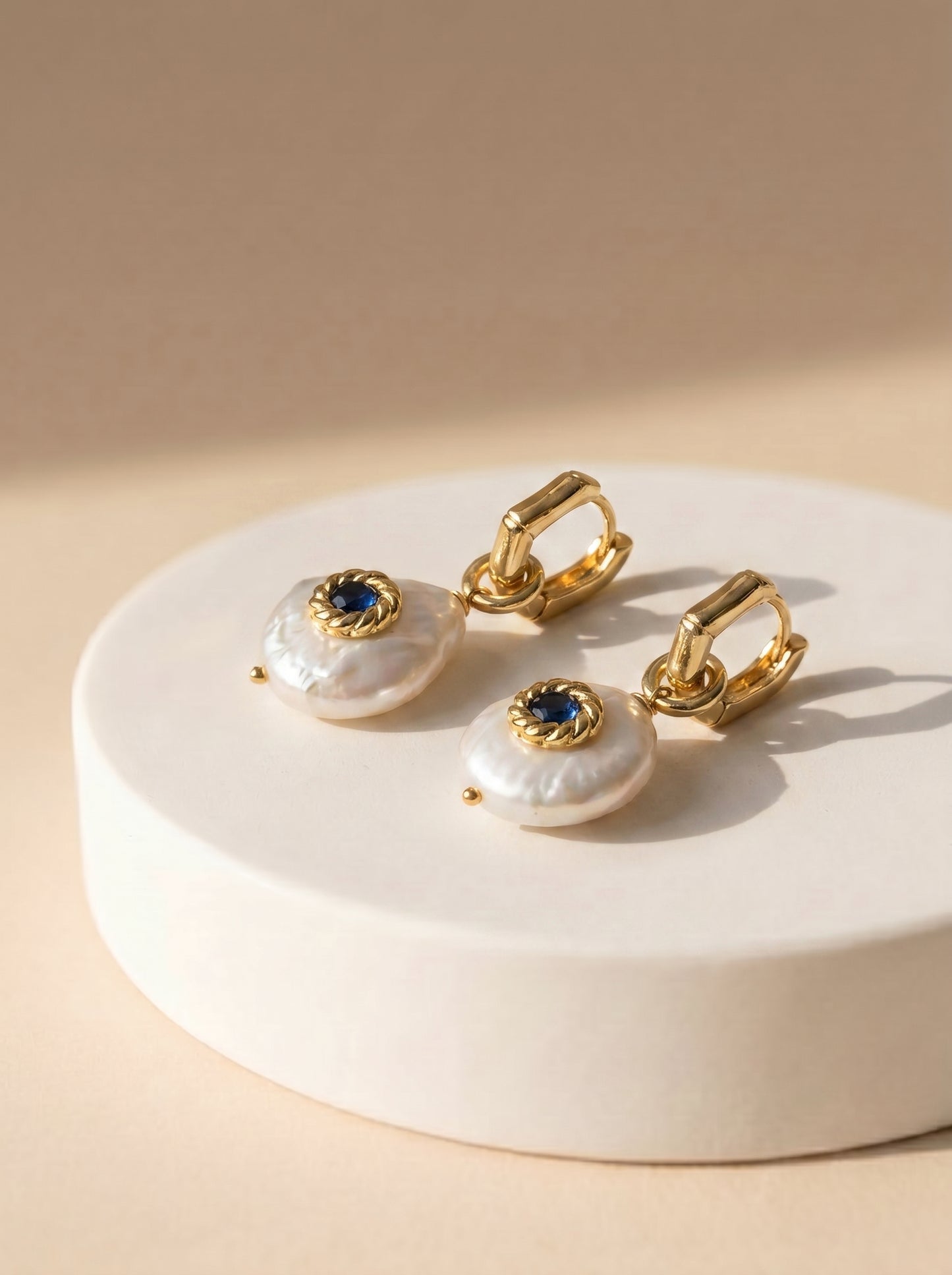 Wave Hoop Earrings with Navy Blue Crystal & Biwa Pearl