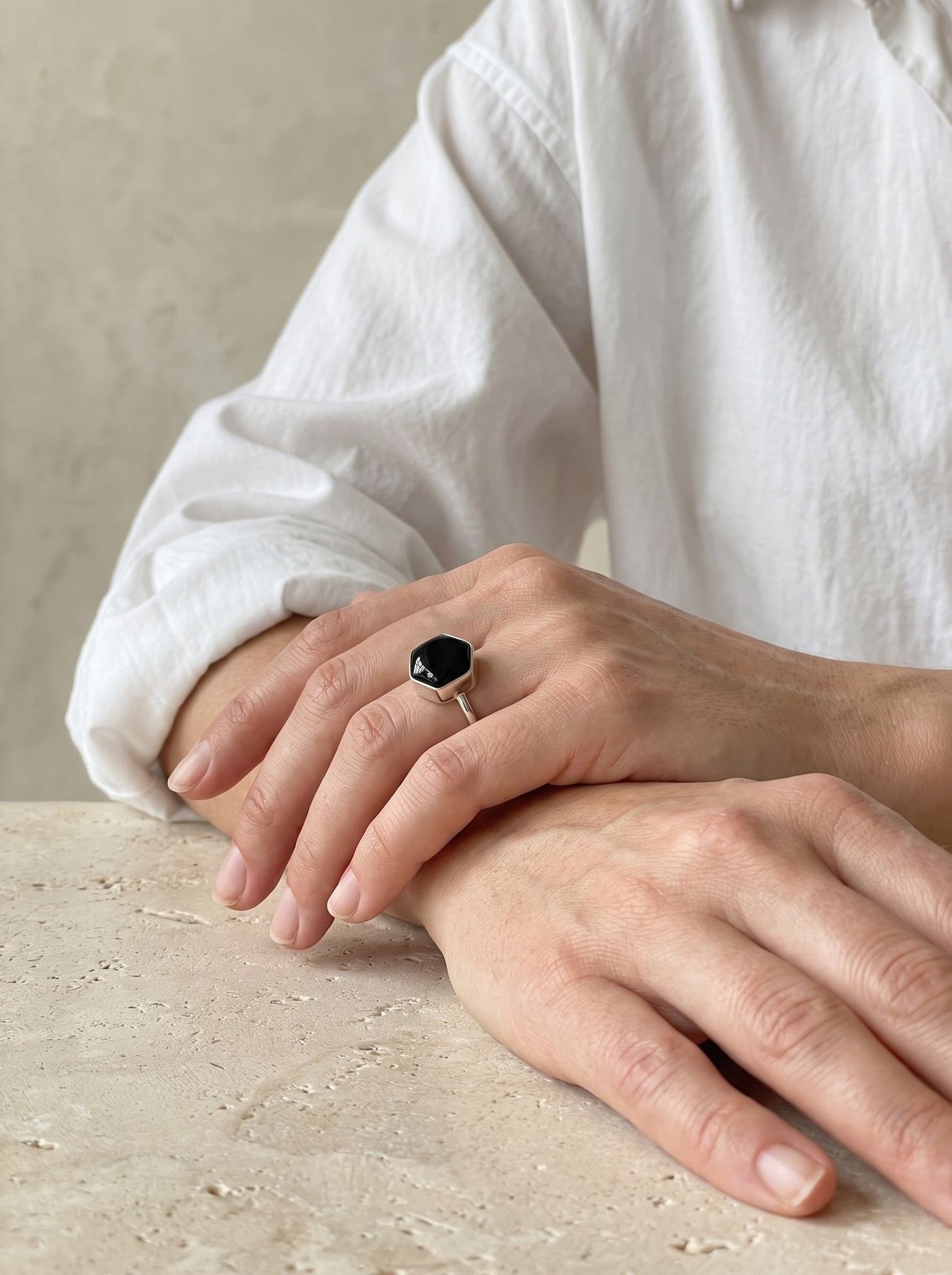 Black Onyx Sterling Silver Hexagon Ring