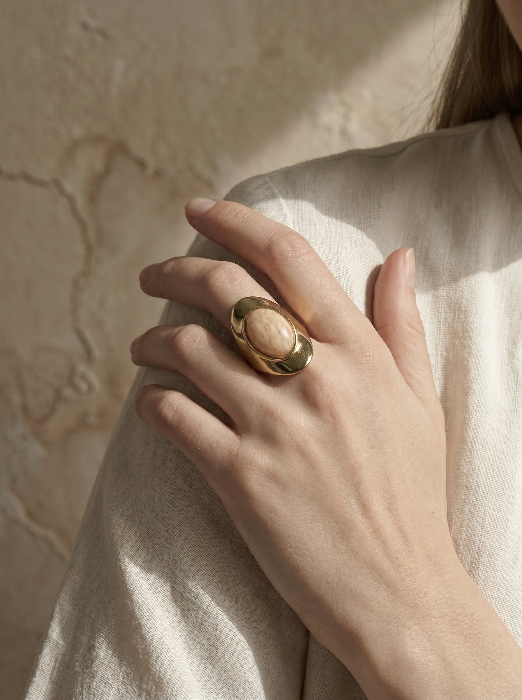 Amazonite beige oval gold plated statement ring