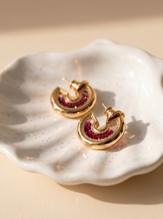 Pink Sparkle Gold Hoops