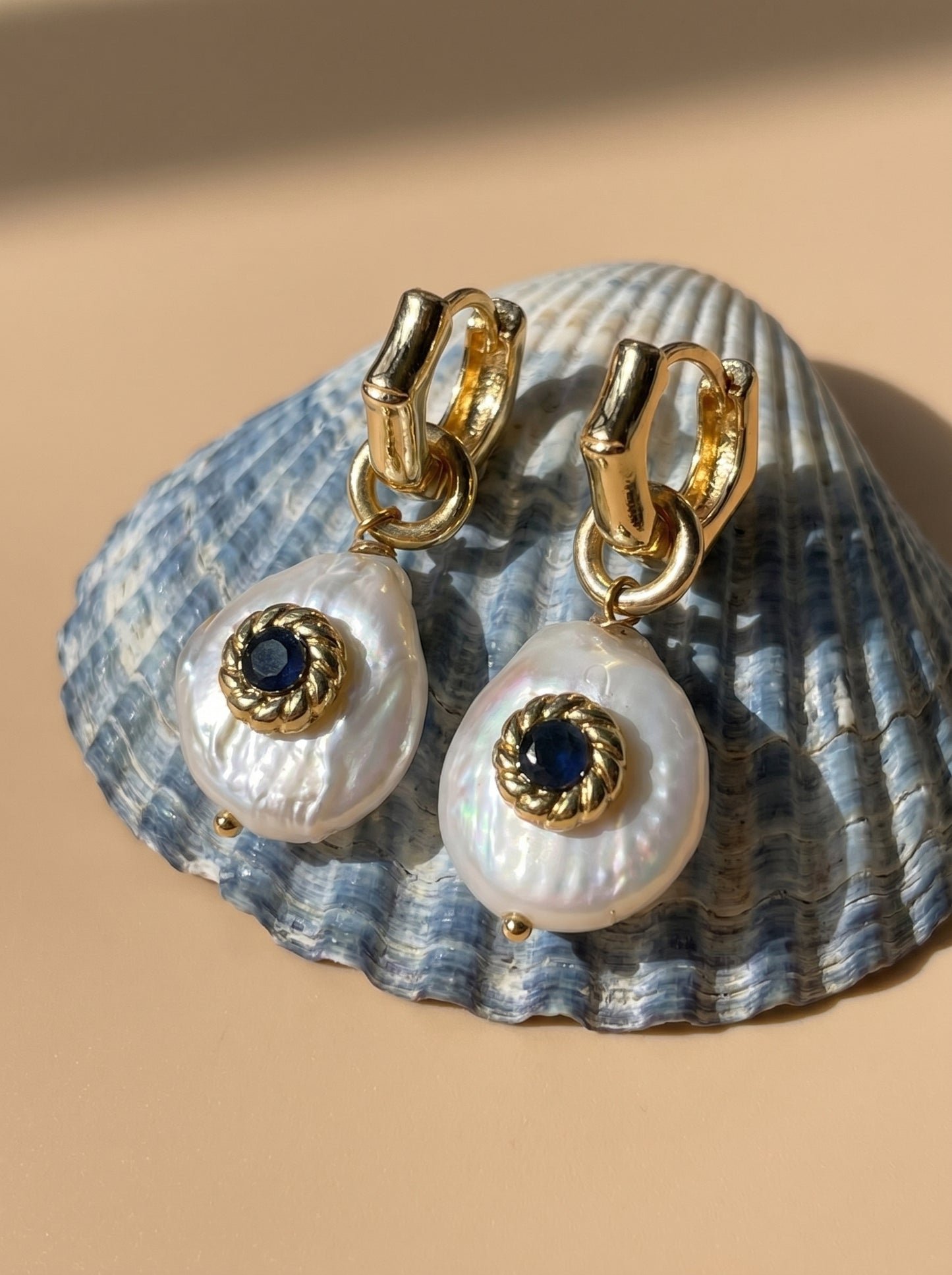 Wave Hoop Earrings with Navy Blue Crystal & Biwa Pearl