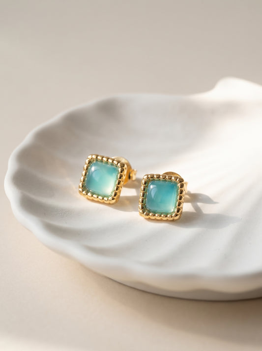 Aqua Agate Square Stud Earrings