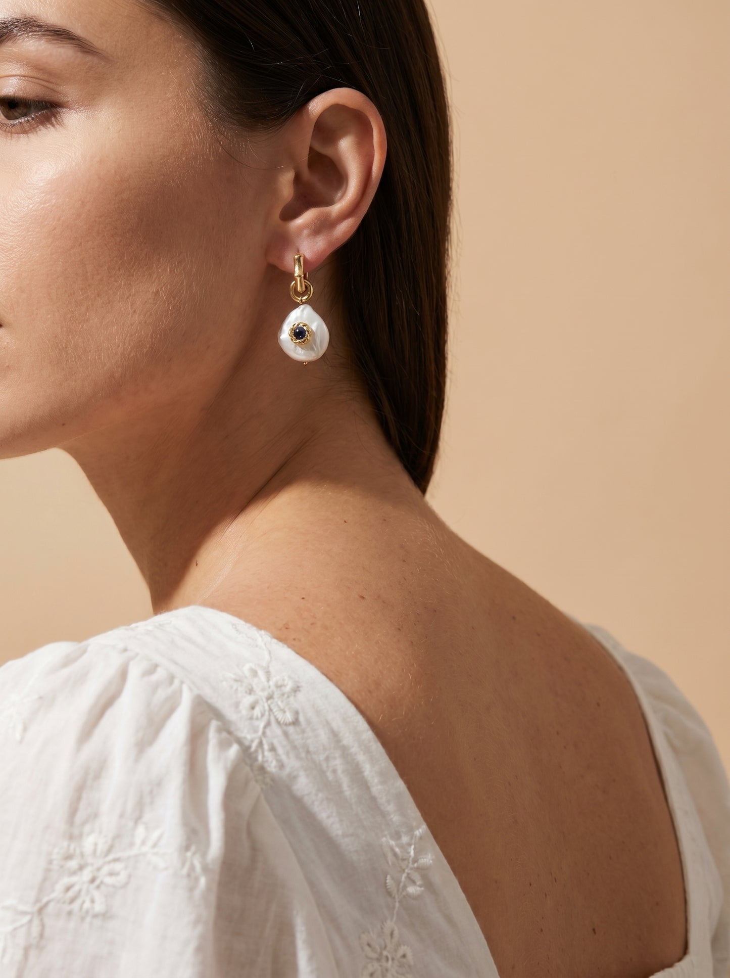 Wave Hoop Earrings with Navy Blue Crystal & Biwa Pearl