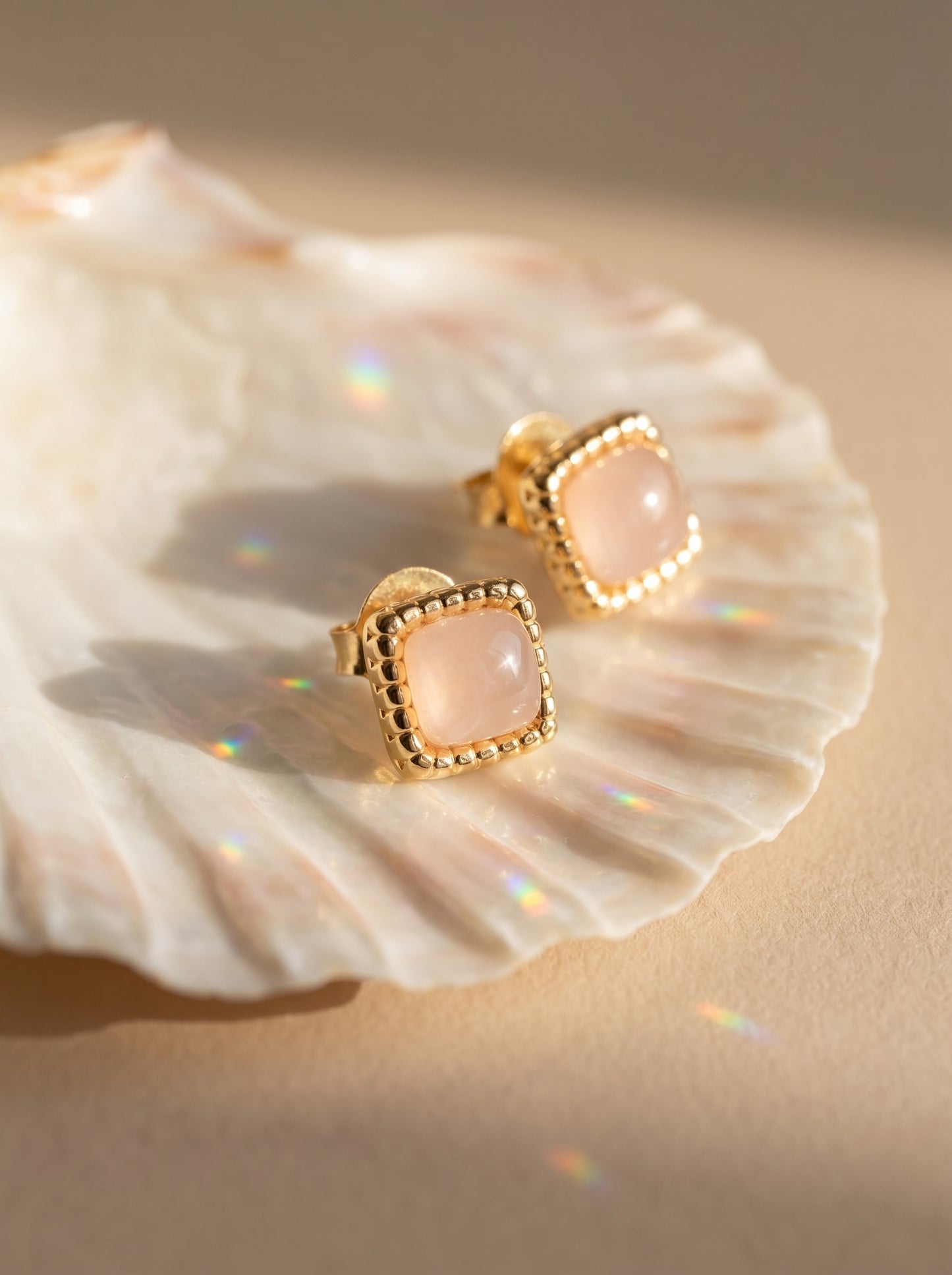 Square Rose Quartz Stud Earrings