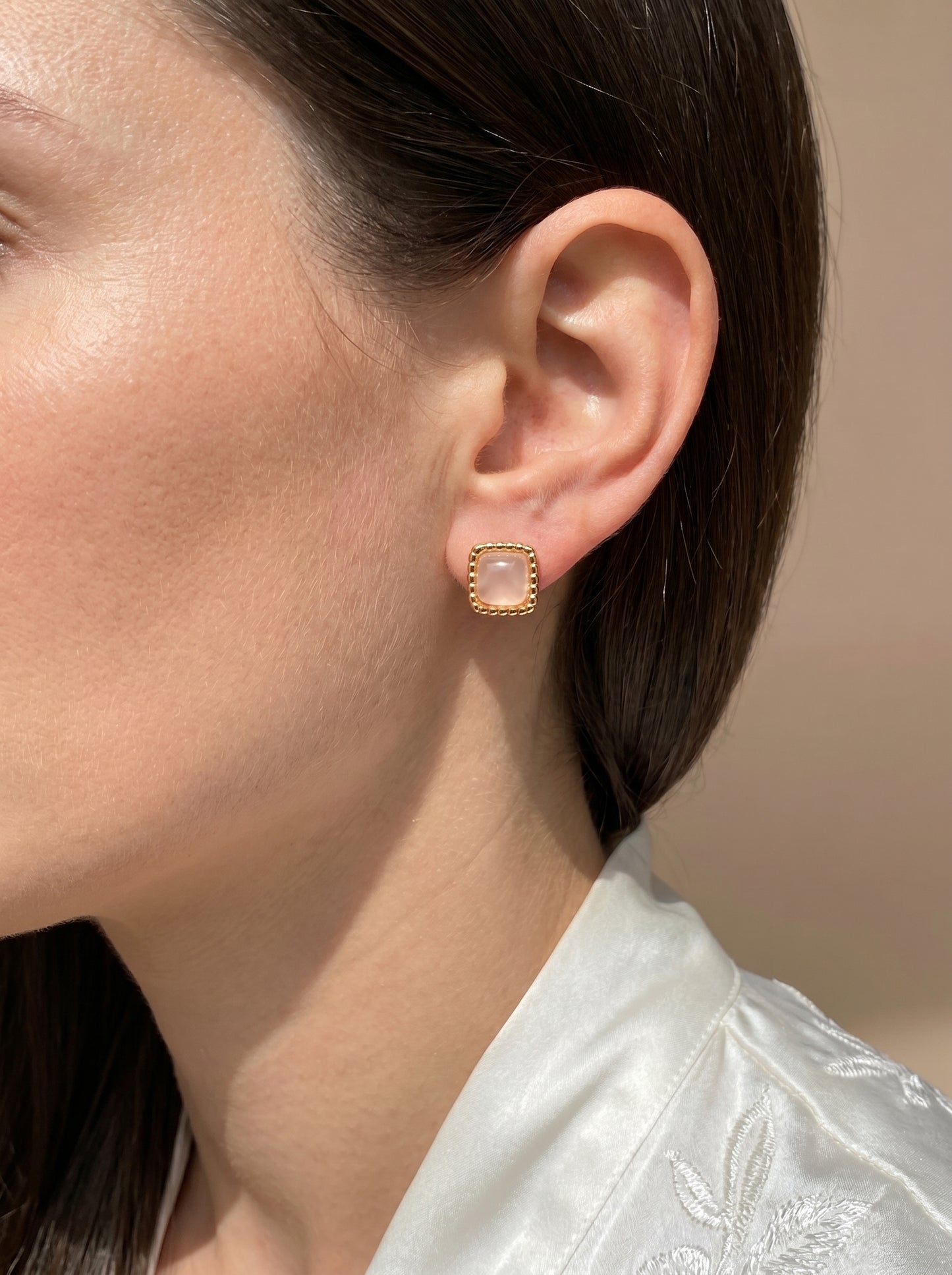 Square Rose Quartz Stud Earrings