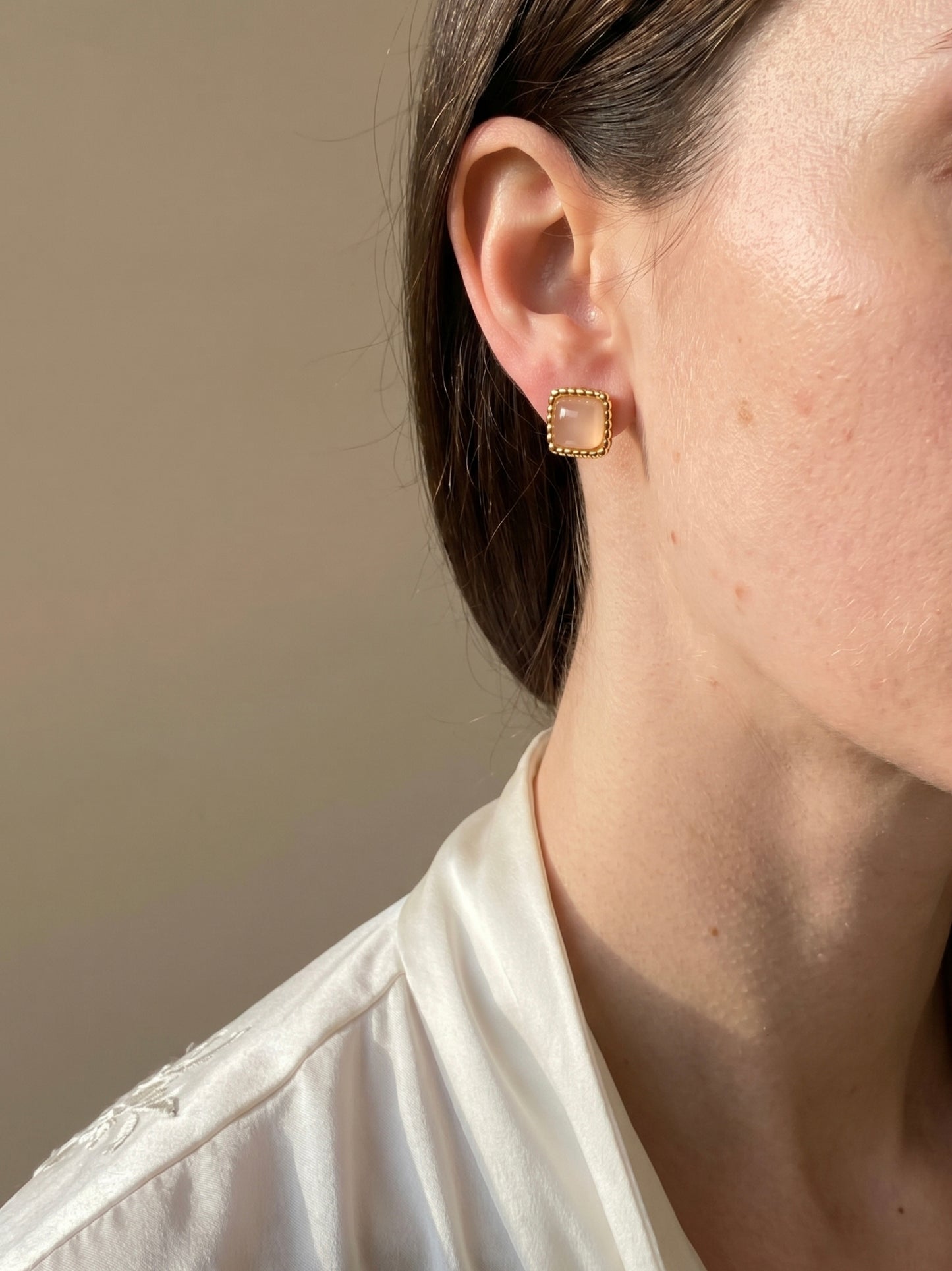 Square Rose Quartz Stud Earrings