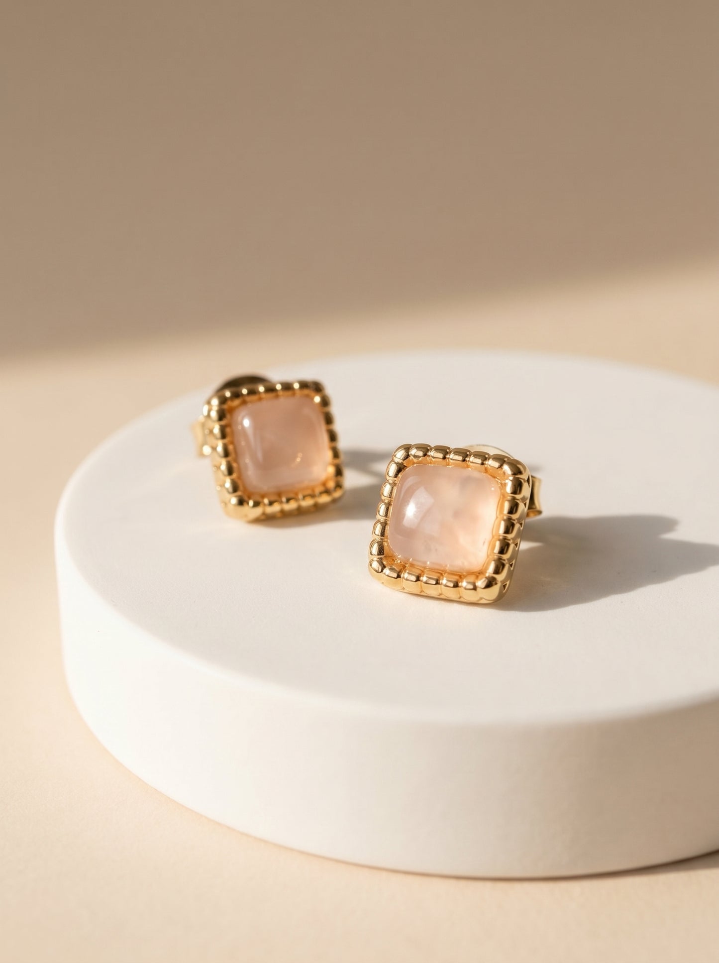 Square Rose Quartz Stud Earrings