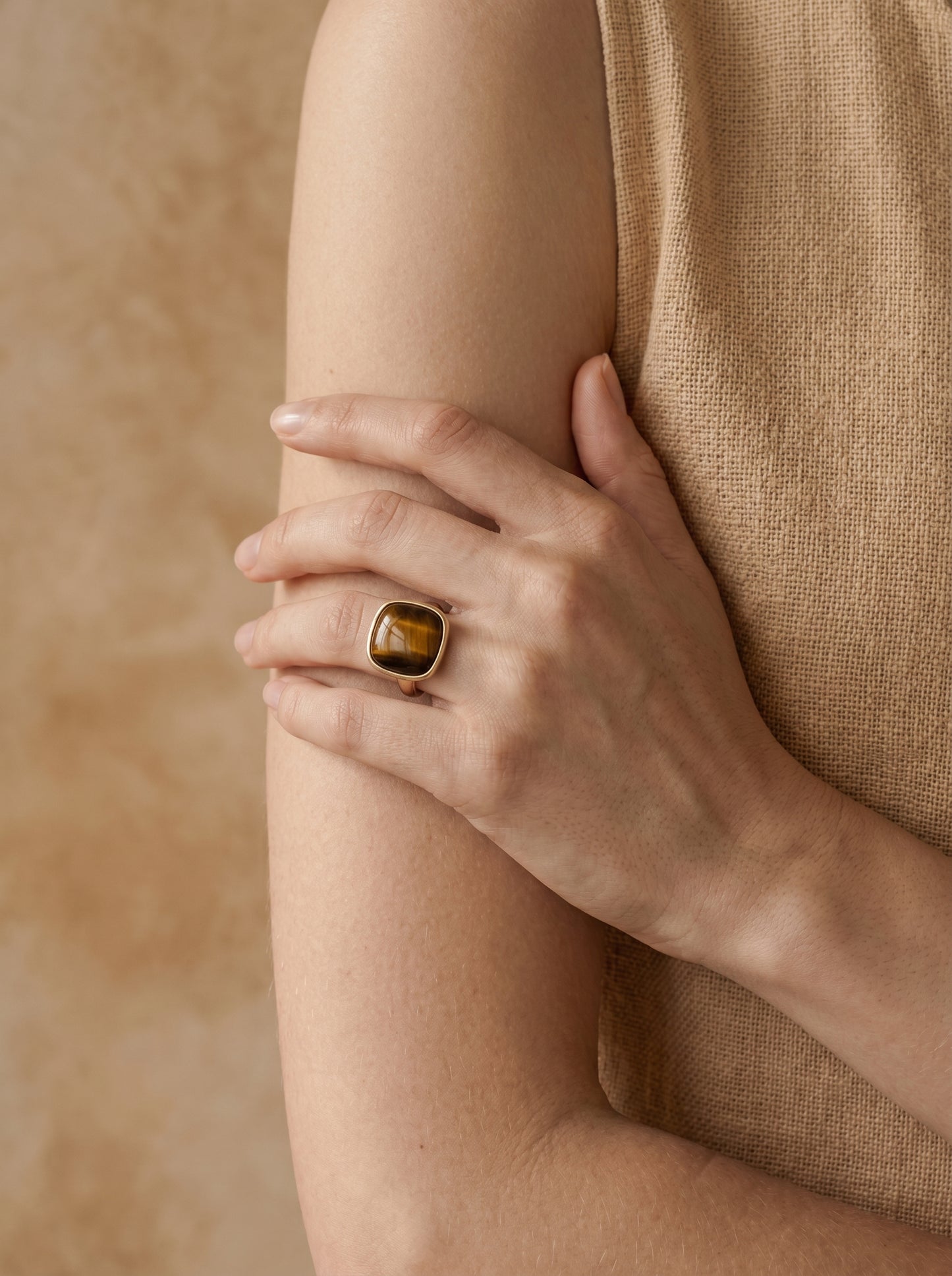 Tiger's Eye Cushion Gold Ring