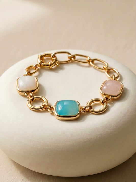 Tri-stones bracelet with rose quartz, agate and beige amazonite on wrist — StoneCraft Jewellery