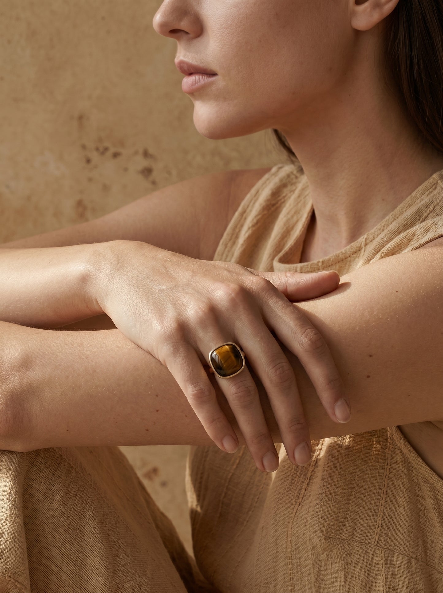 Tiger's Eye Cushion Gold Ring