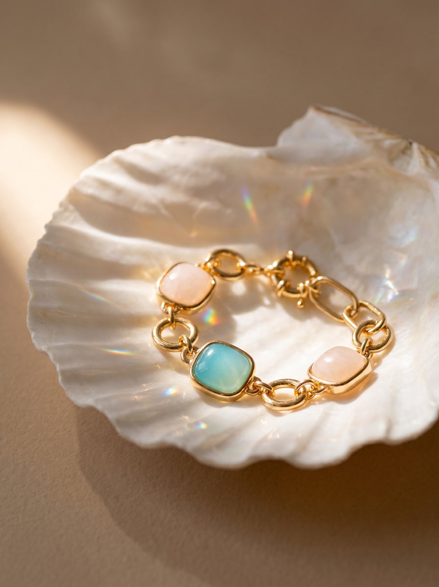 Gold-plated tri-stone bracelet lifestyle shot — StoneCraft Jewellery