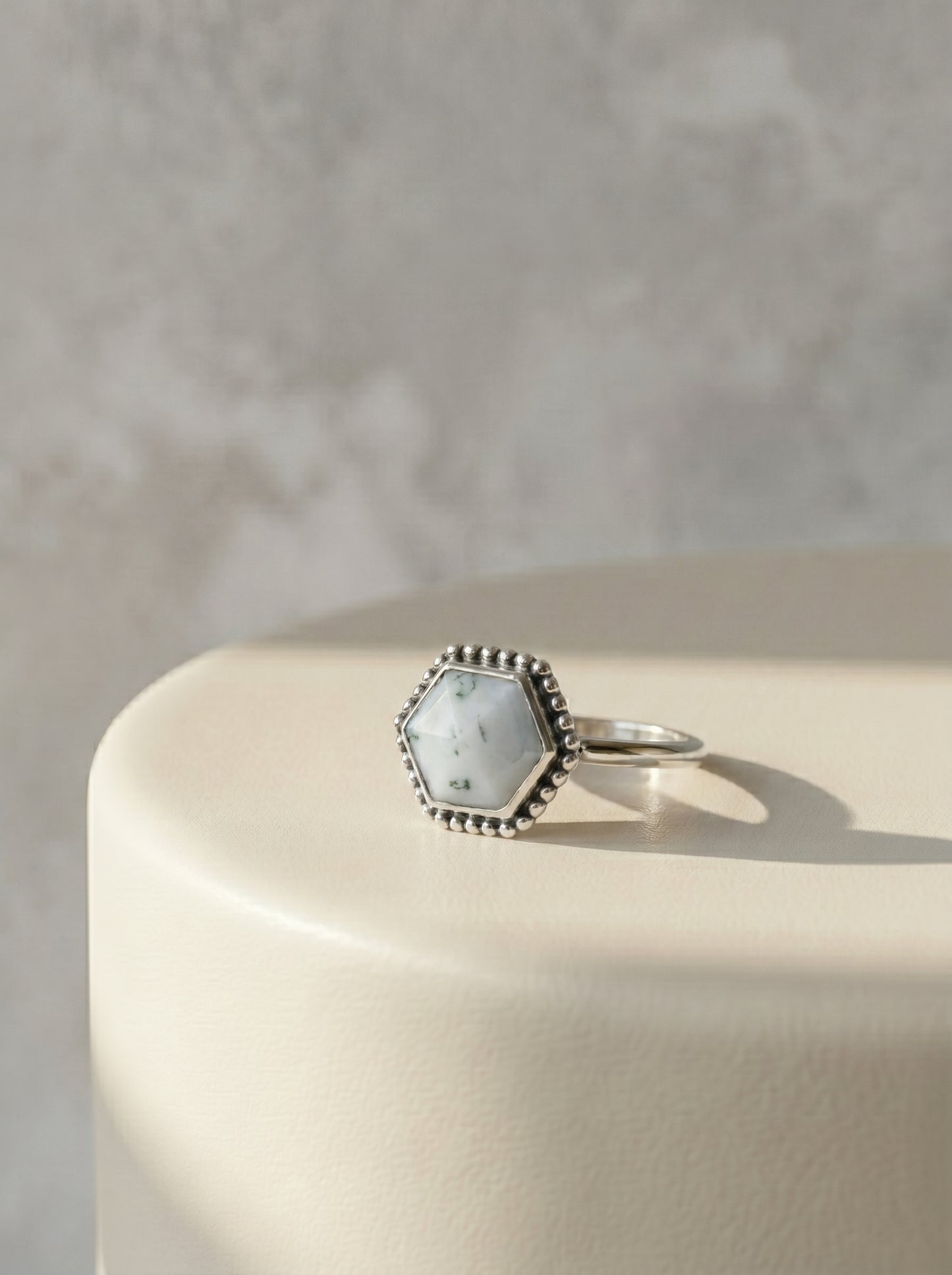 Moss Agate Hexagon Sterling Silver Ring