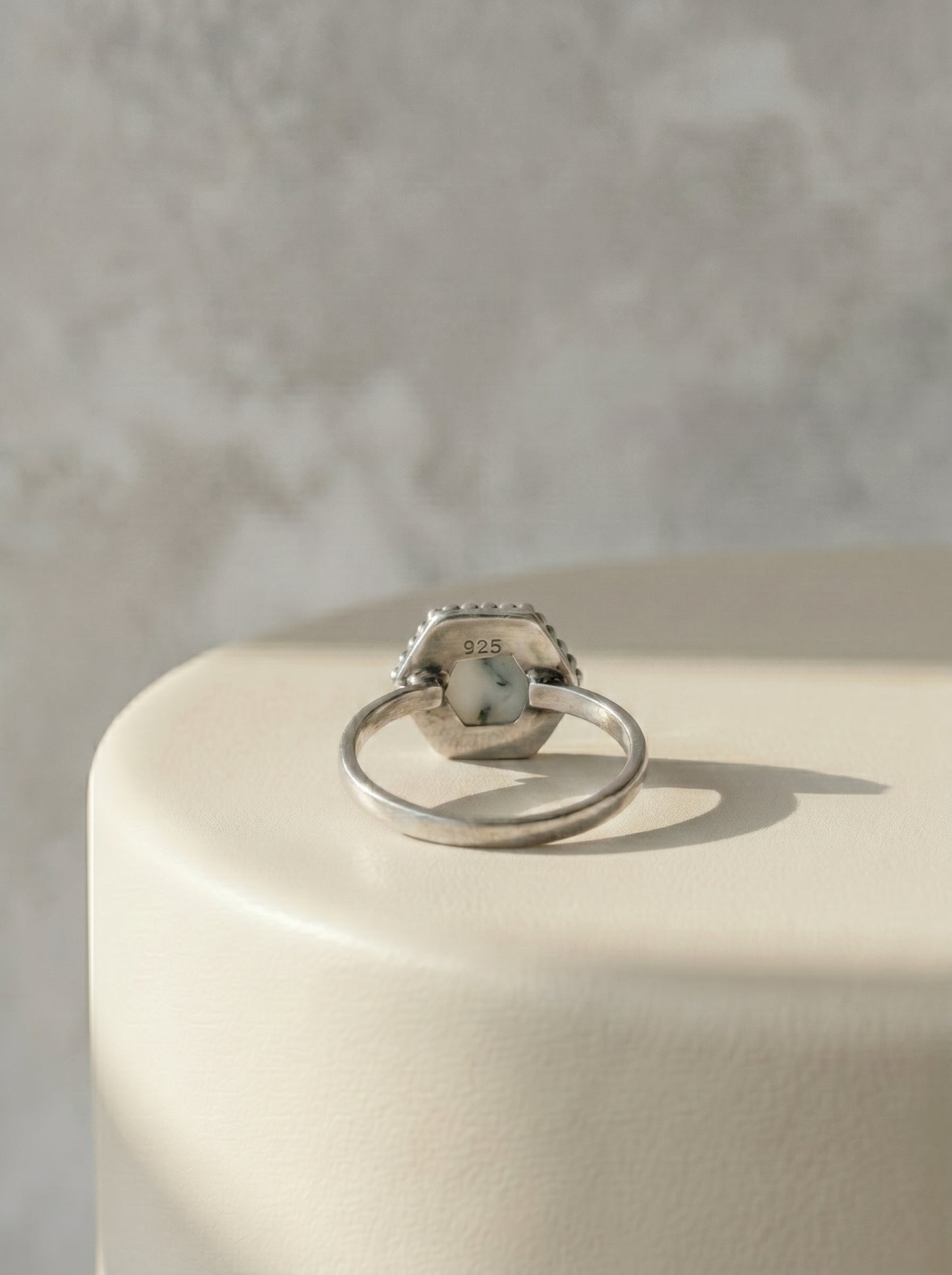 Moss Agate Hexagon Sterling Silver Ring