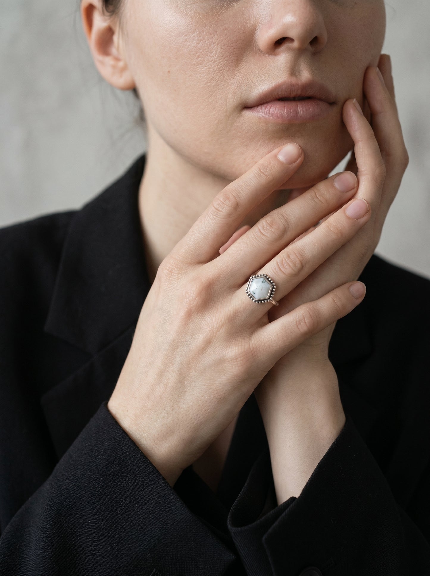 Moss Agate Hexagon Sterling Silver Ring