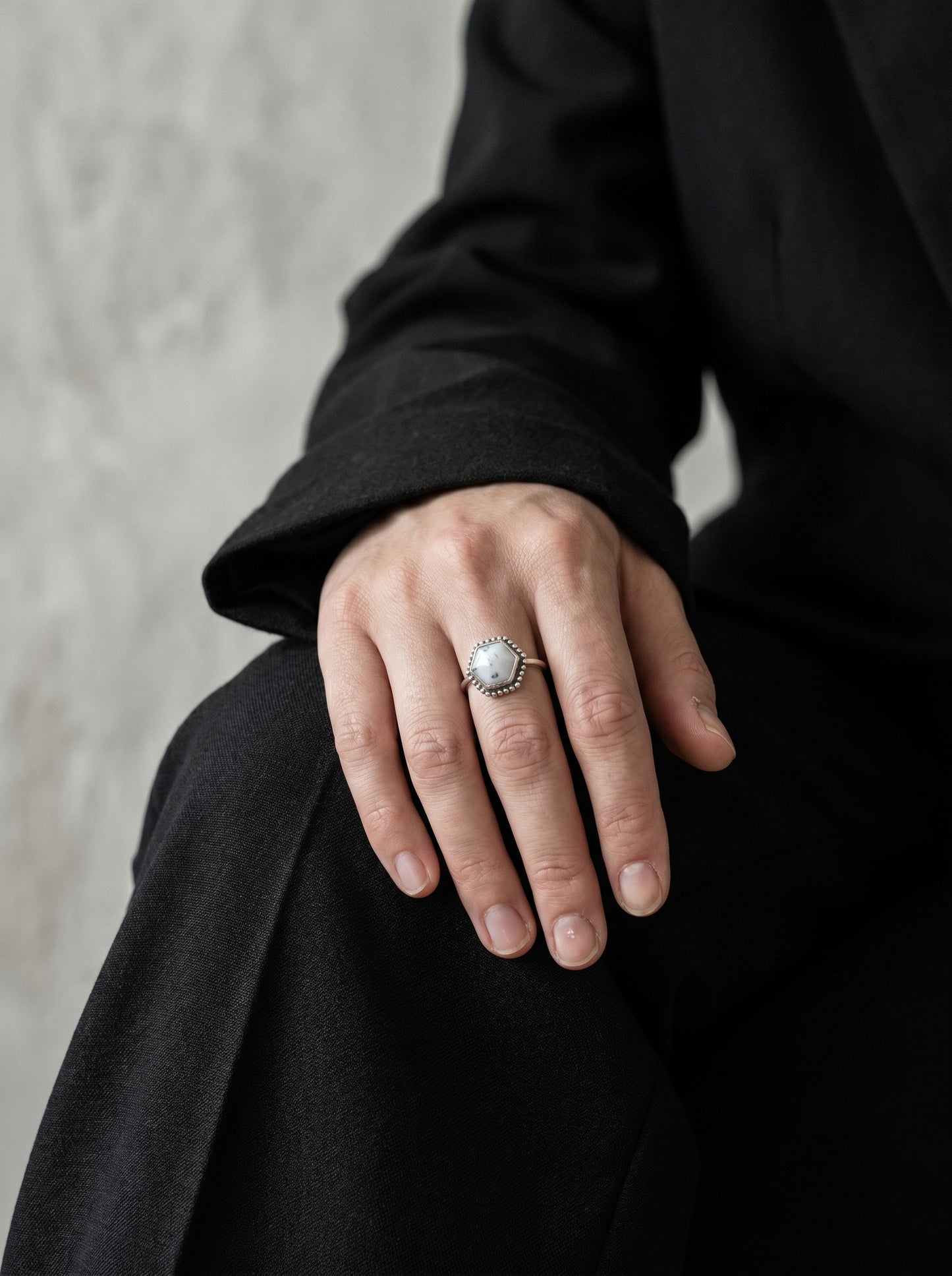 Moss Agate Hexagon Sterling Silver Ring
