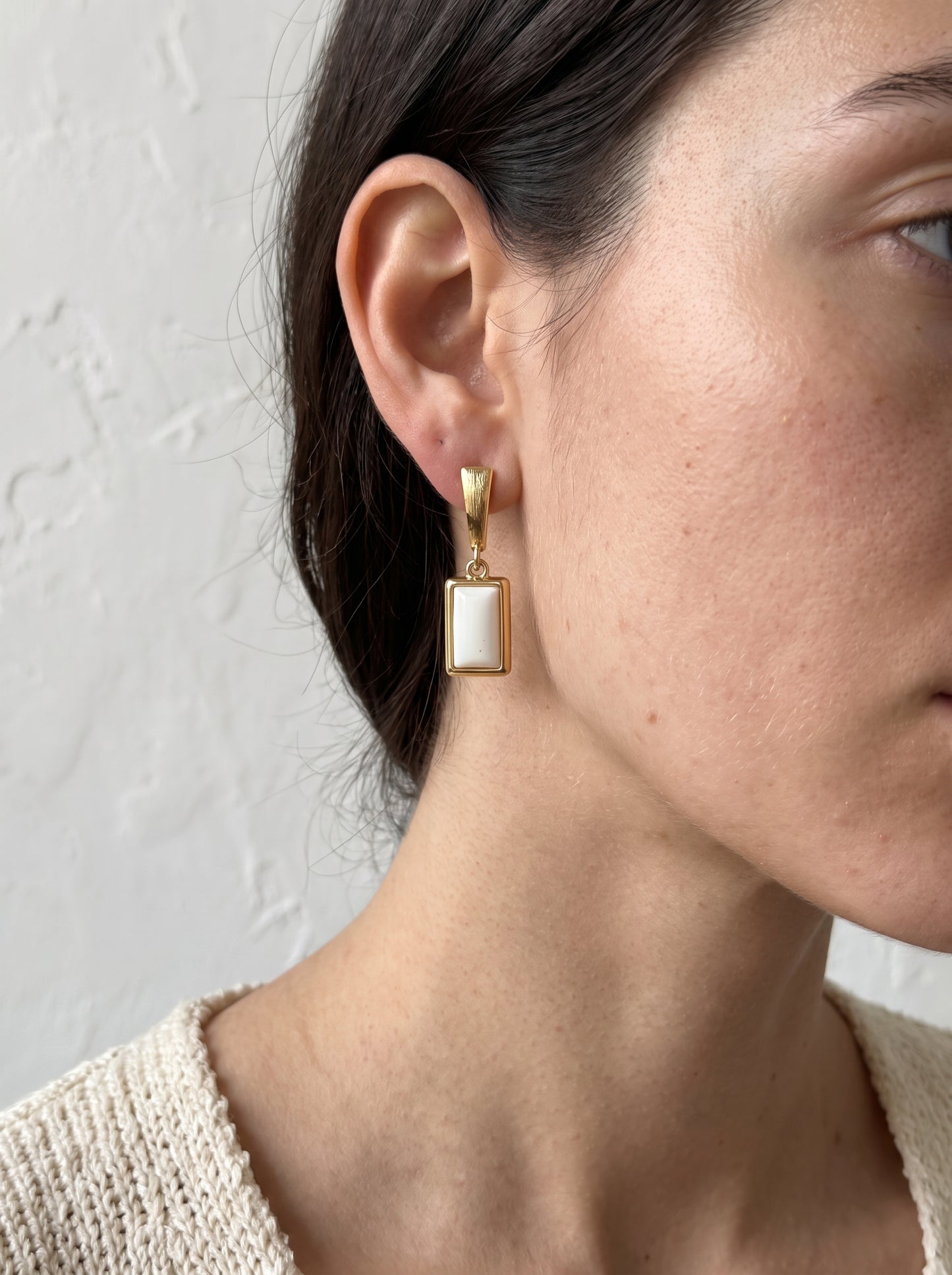 Mother-of-Pearl Rectangle Drop Earrings worn on model, side profile close-up