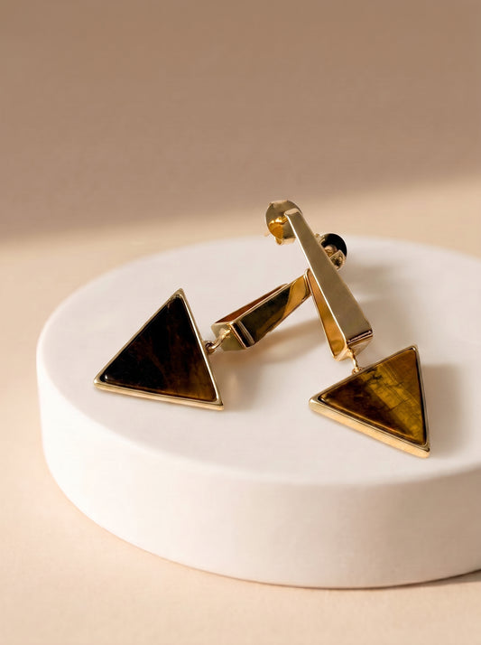 StoneCraft Jewellery gold-plated Tiger’s Eye triangle drop earrings displayed in a dark dish.