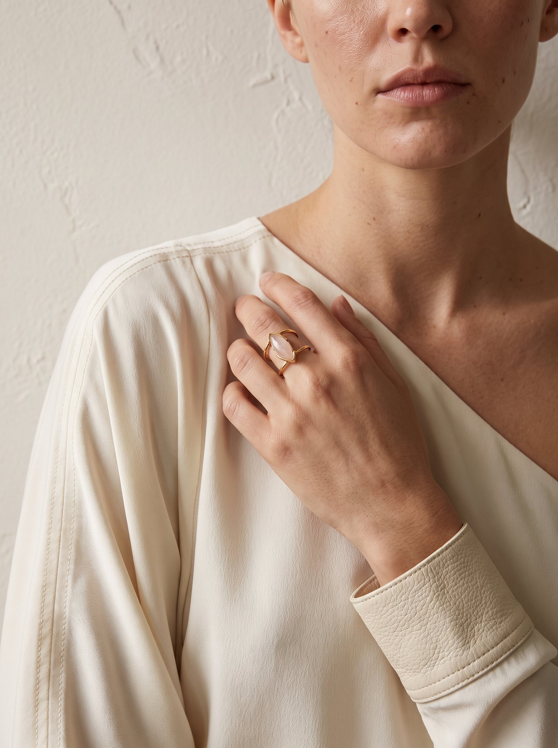 Woman wearing StoneCraft Jewellery rose quartz marquise cuff ring gold plated on hand