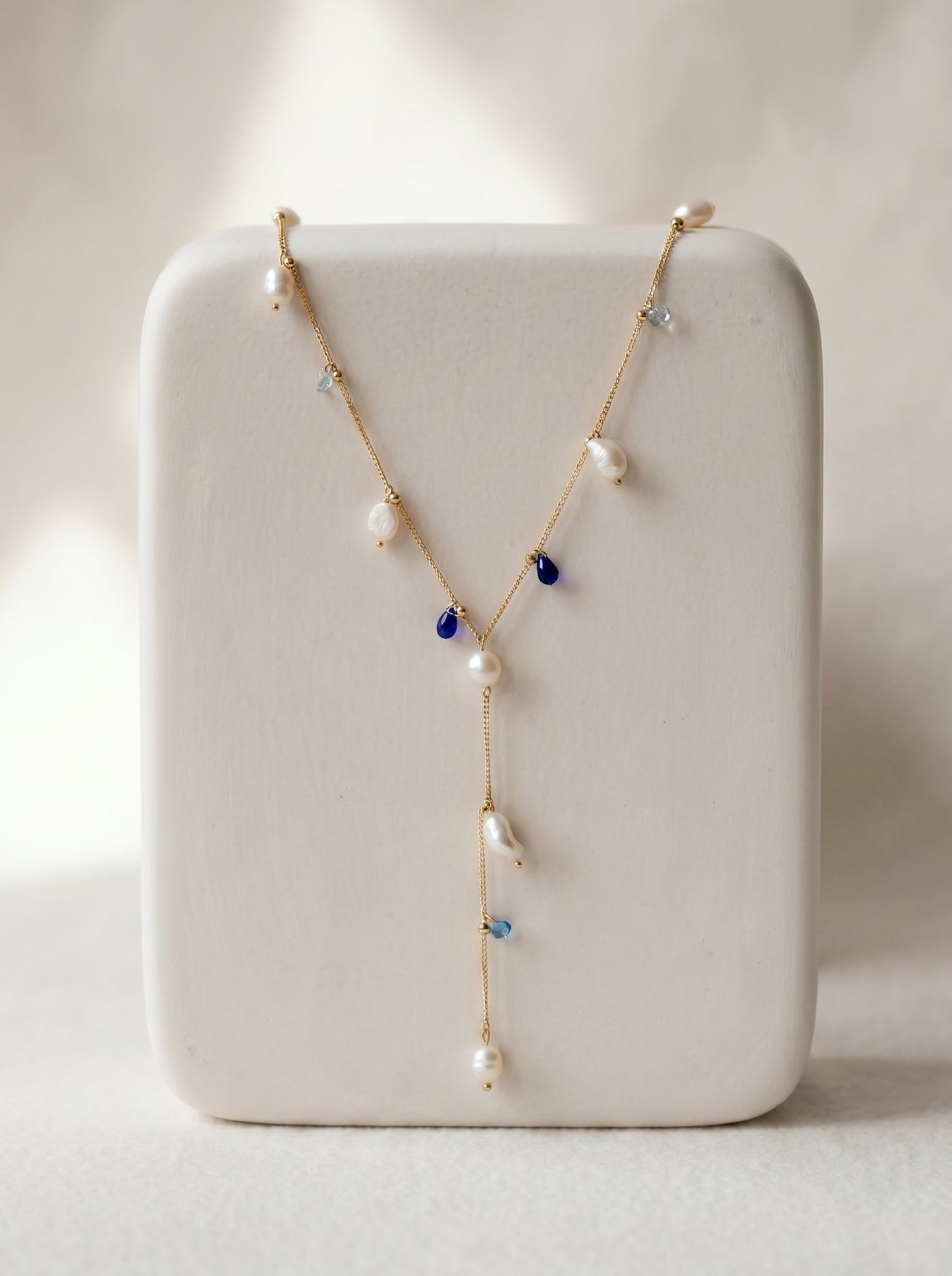 Pearl and Blue Stones Lariat Necklace