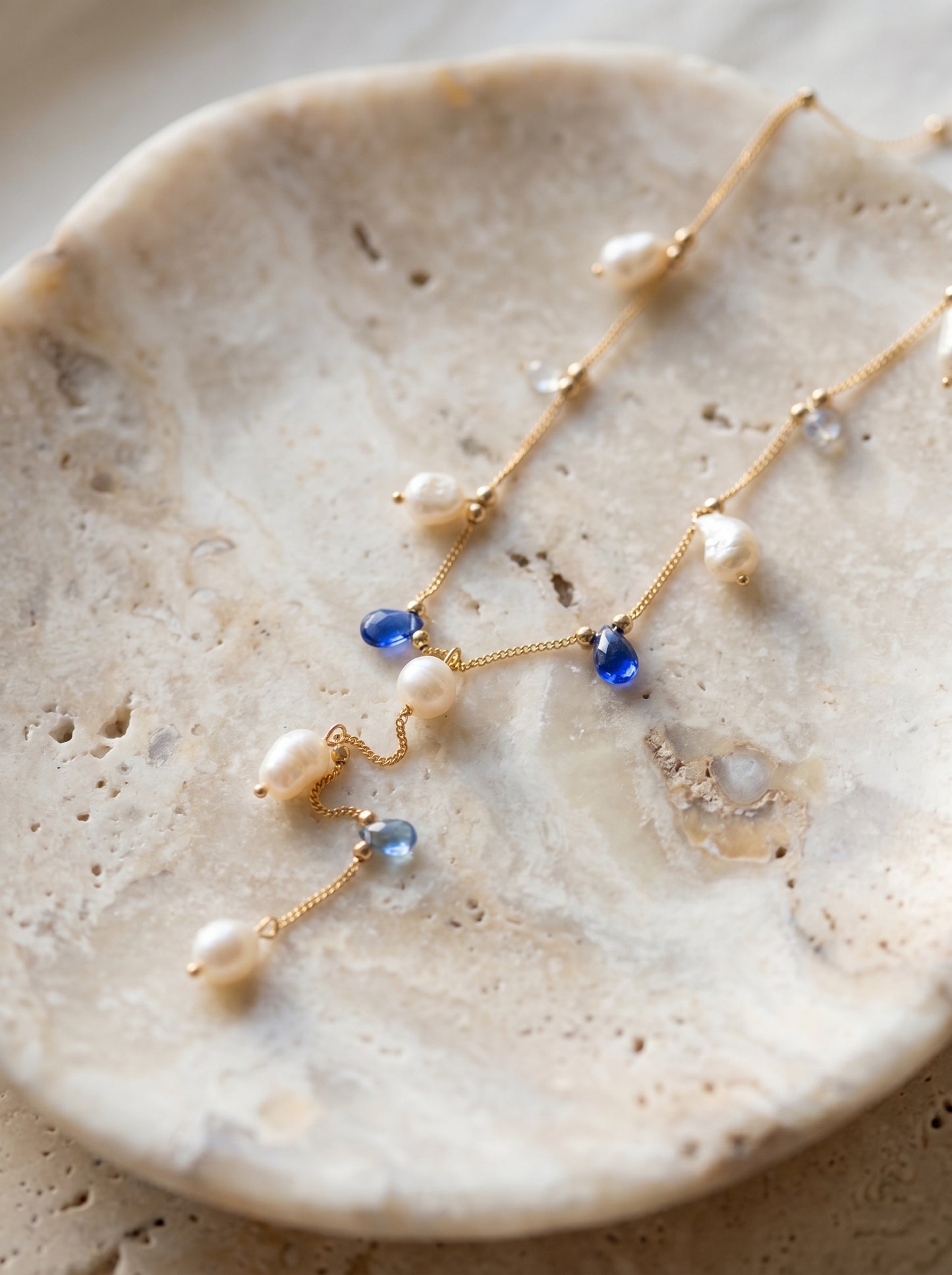 Pearl and Blue Stones Lariat Necklace