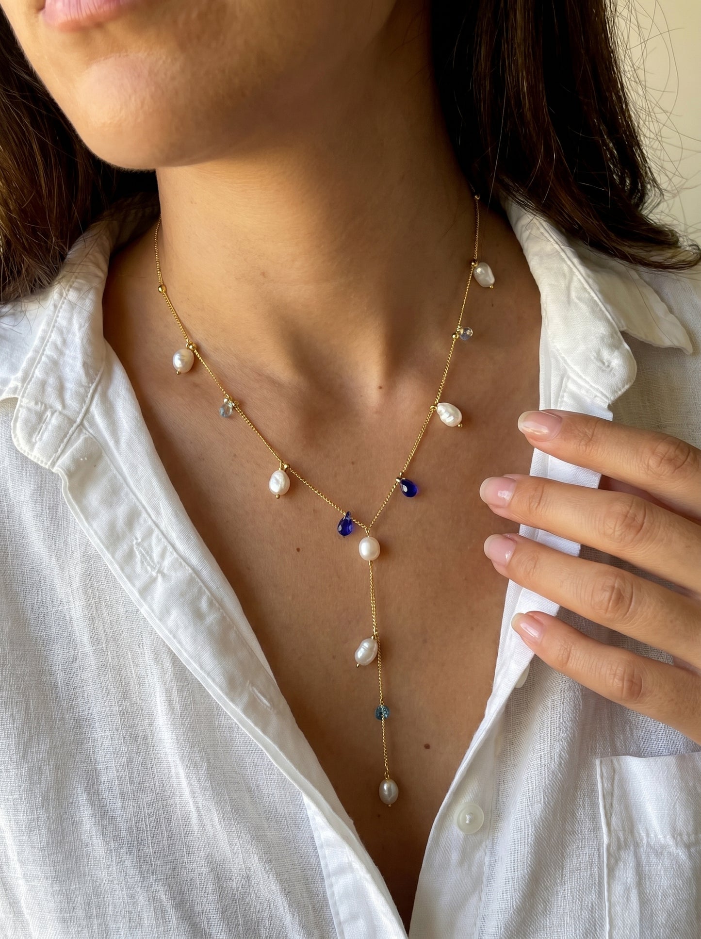Pearl and Blue Stones Lariat Necklace