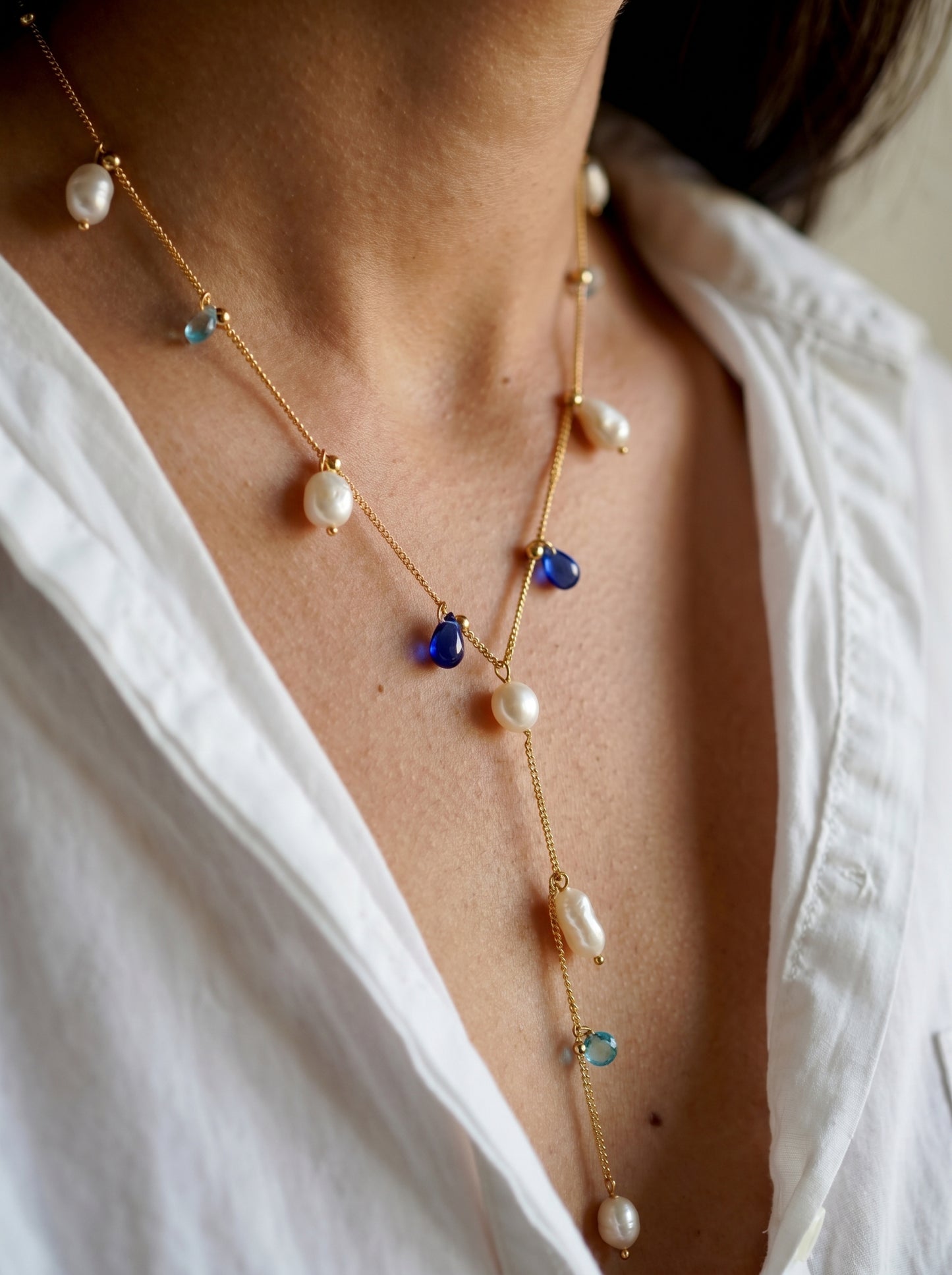 Pearl and Blue Stones Lariat Necklace