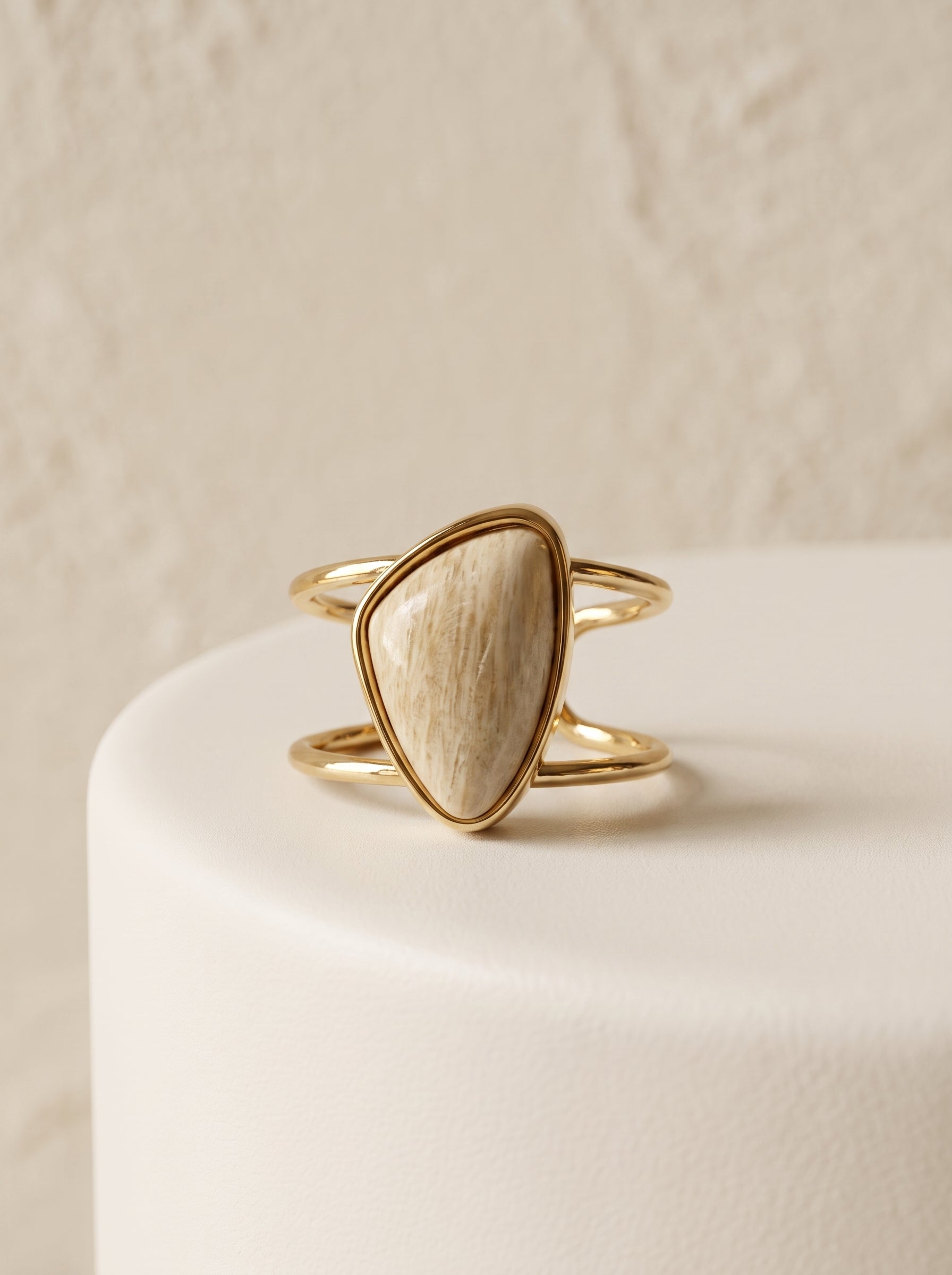 Beige amazonite asymmetric cuff ring with gold-plated double band, front view – StoneCraft Jewellery