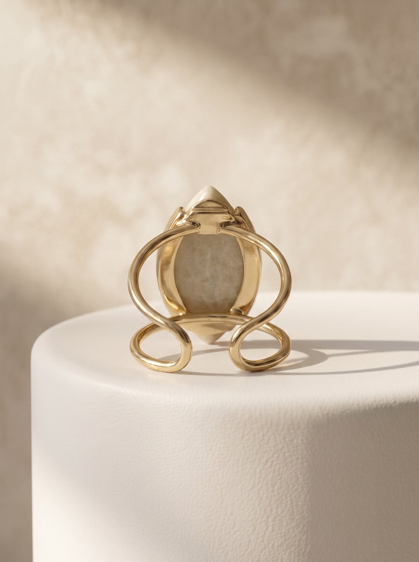Underside view of beige amazonite marquise gold ring showing sculptural double-band structure – StoneCraft JewellerY