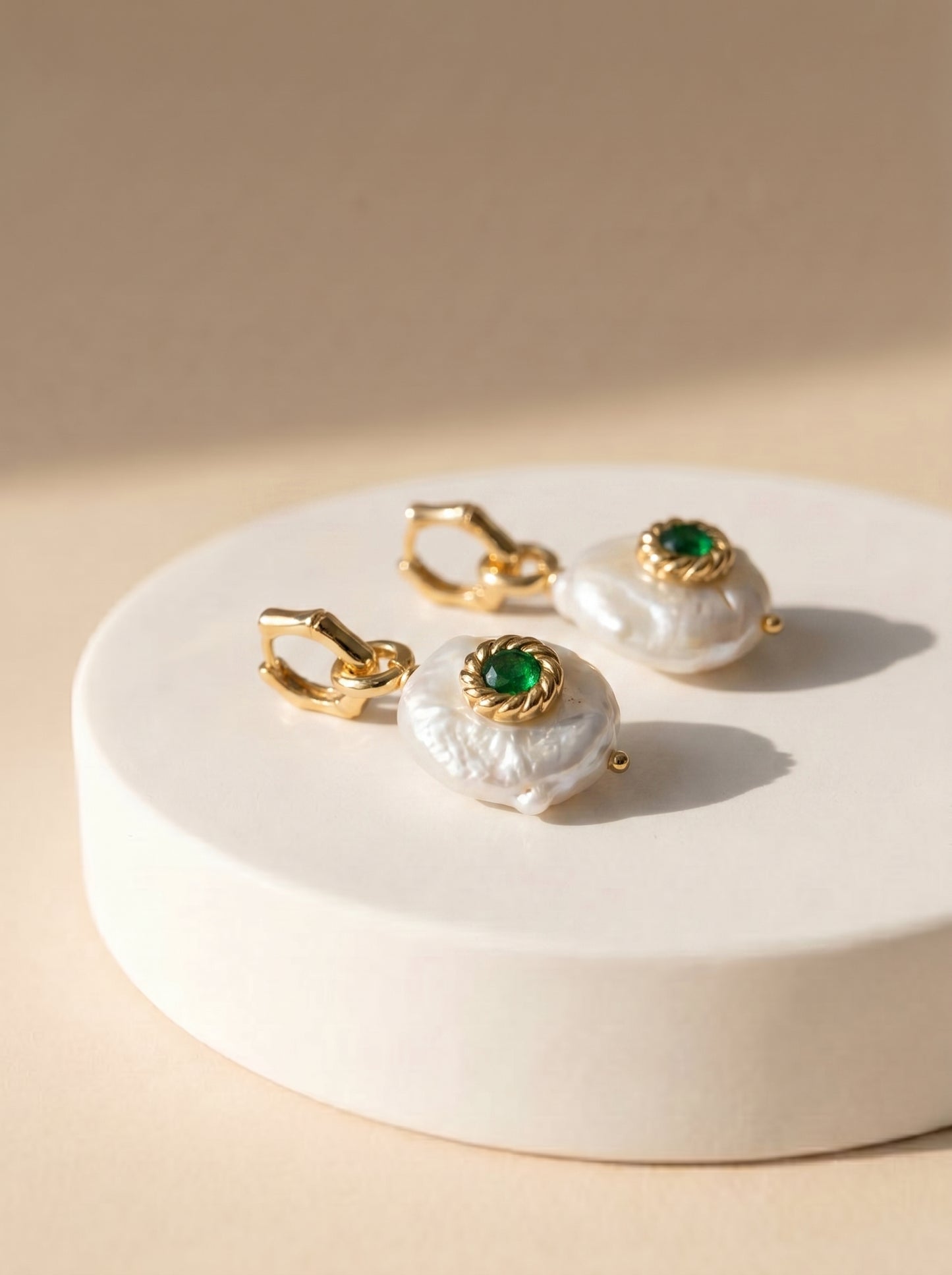 Wave Hoop Earrings with Green Jade and Biwa Pearl — full styling shot with pearl and jade charm attached