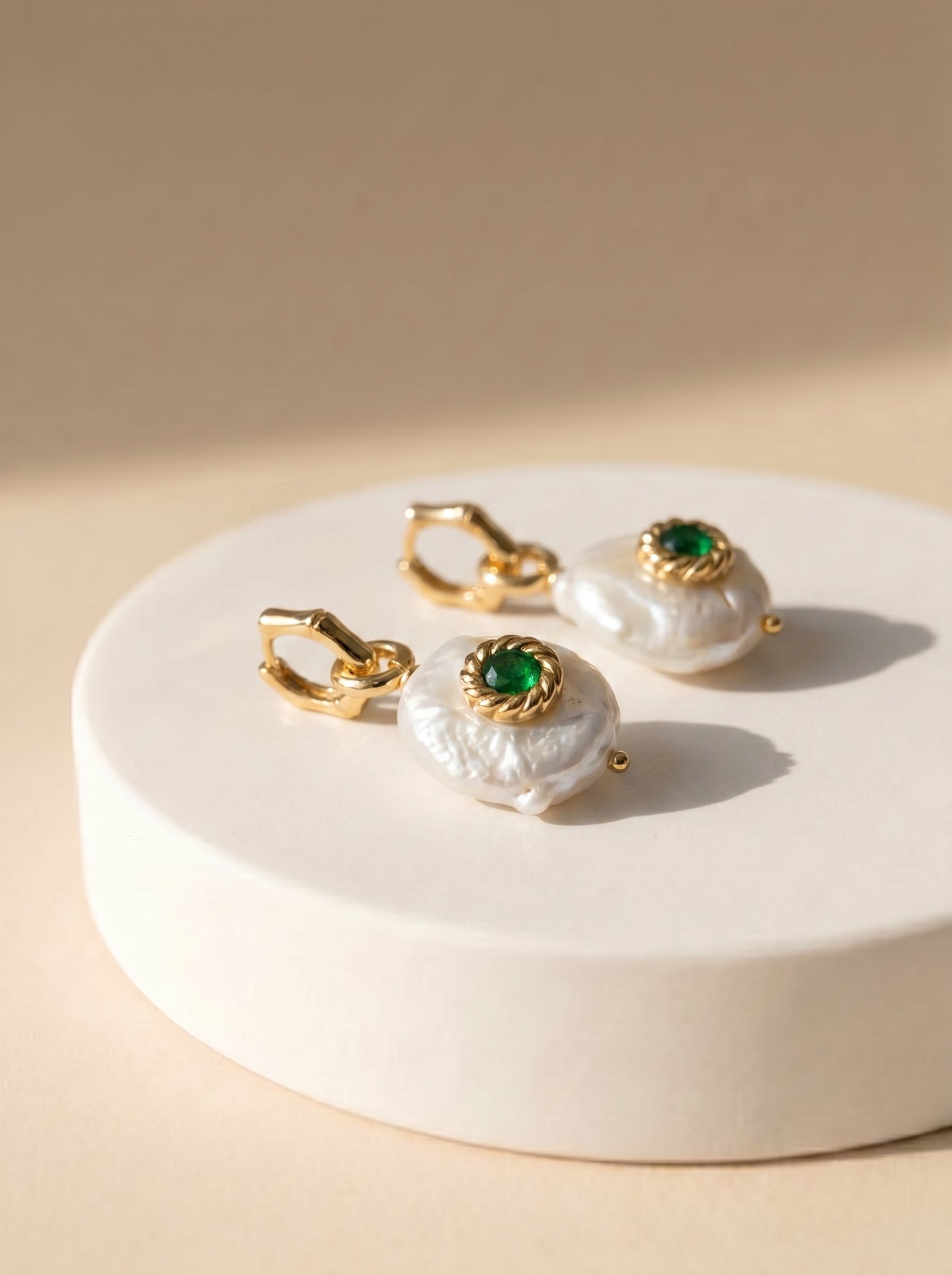 Wave Hoop Earrings with Green Jade and Biwa Pearl — full styling shot with pearl and jade charm attached