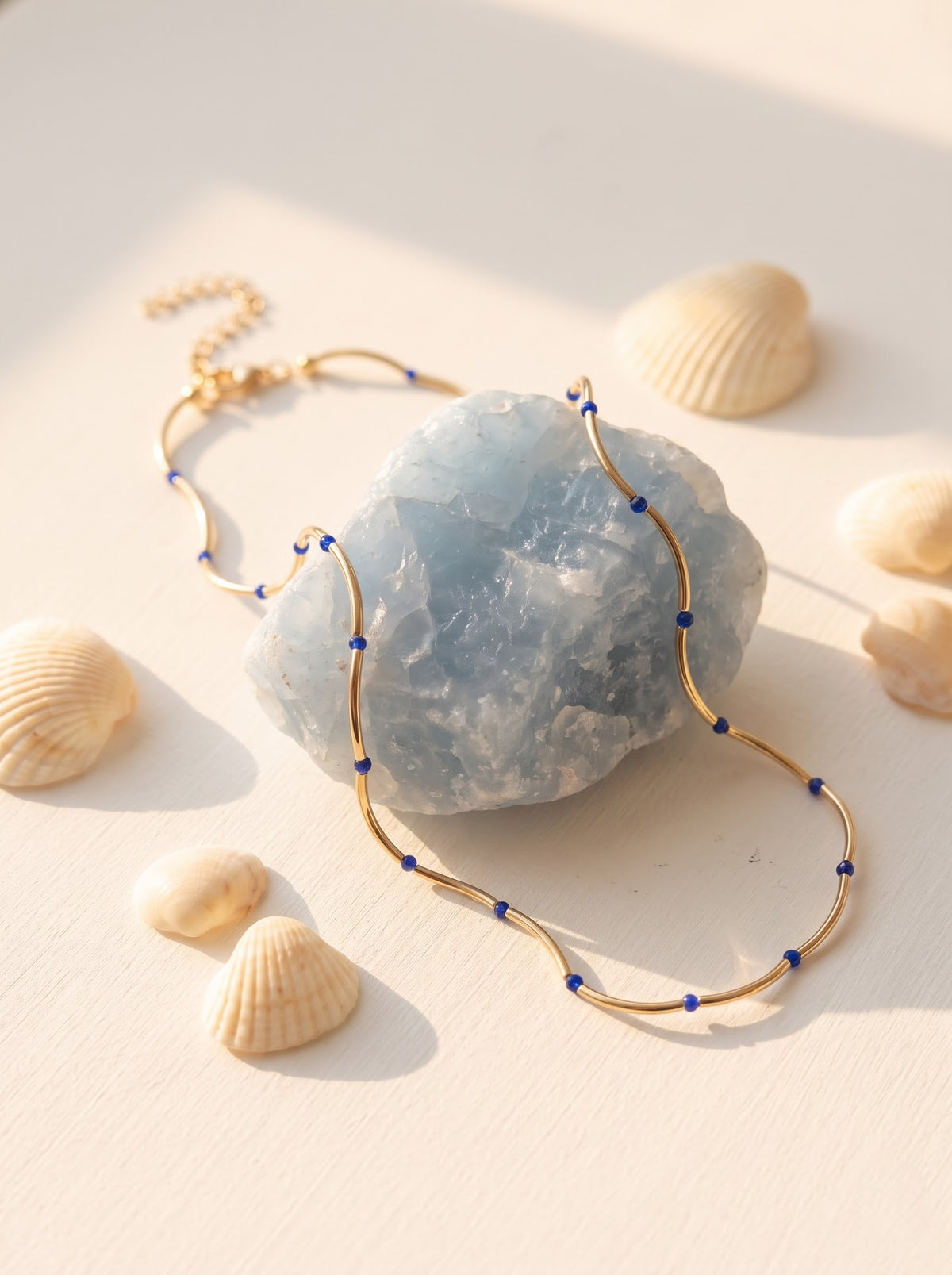 Gold Wave Chain Necklace with Blue Jade Beads