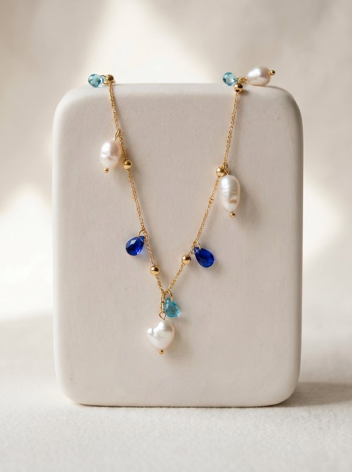Delicate Pearl and Blue Stones Necklace
