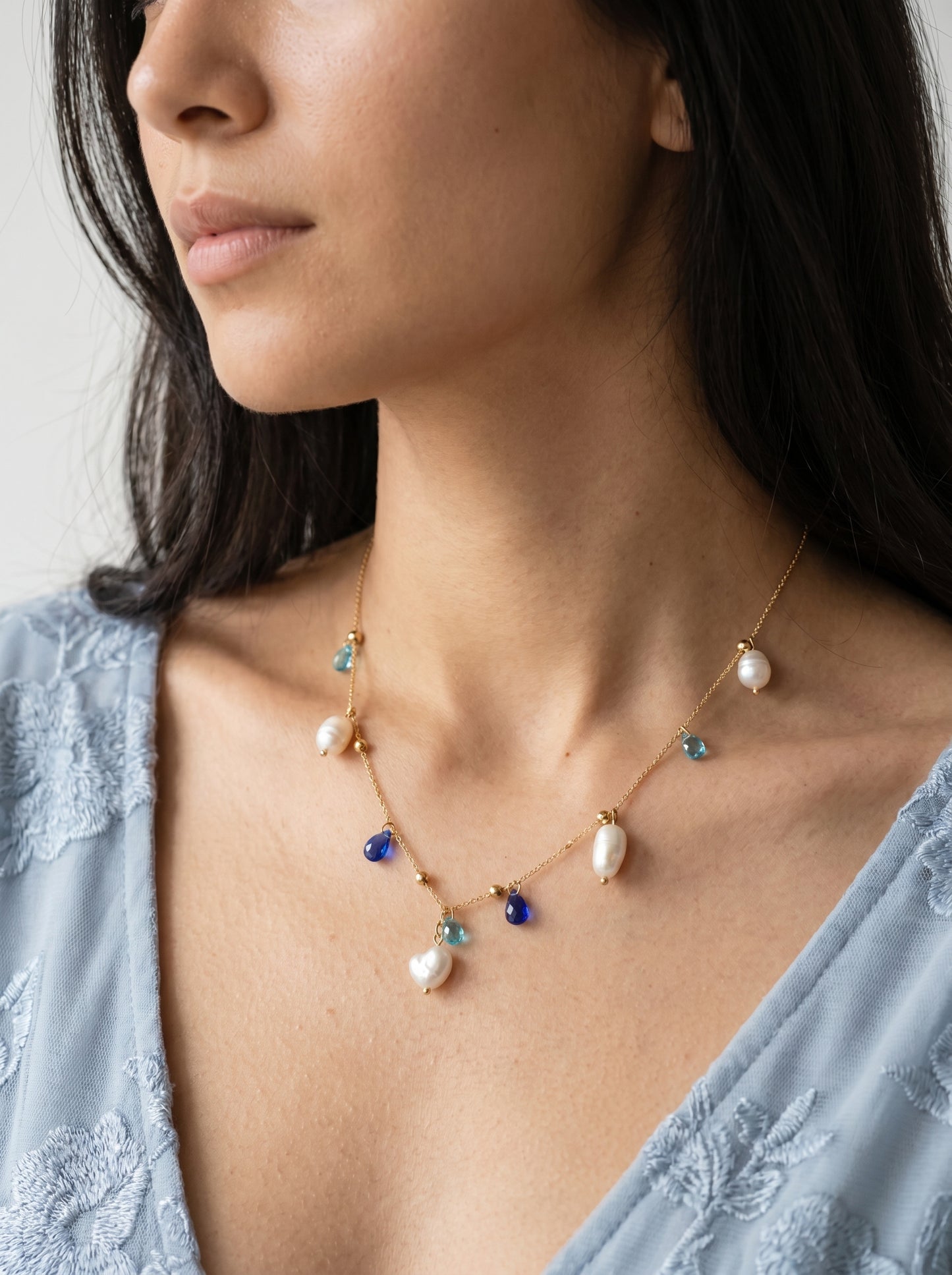 Delicate Pearl and Blue Stones Necklace