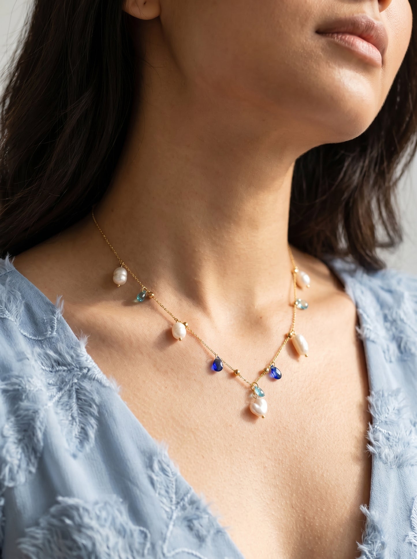 Delicate Pearl and Blue Stones Necklace
