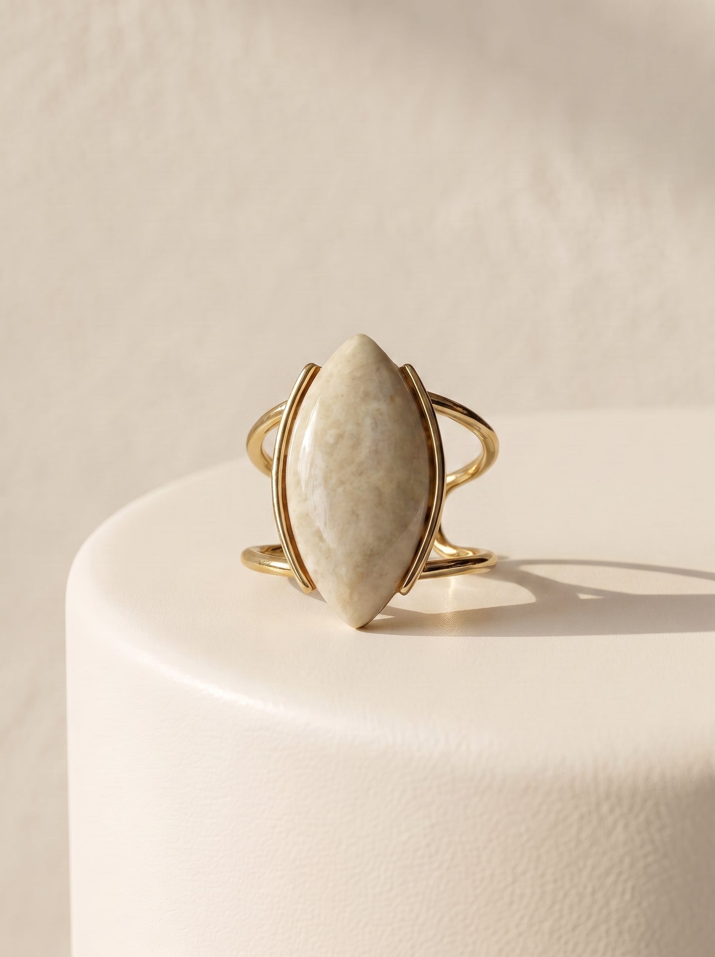 Beige amazonite marquise gold ring with double-band setting, front view – StoneCraft Jewellery
I