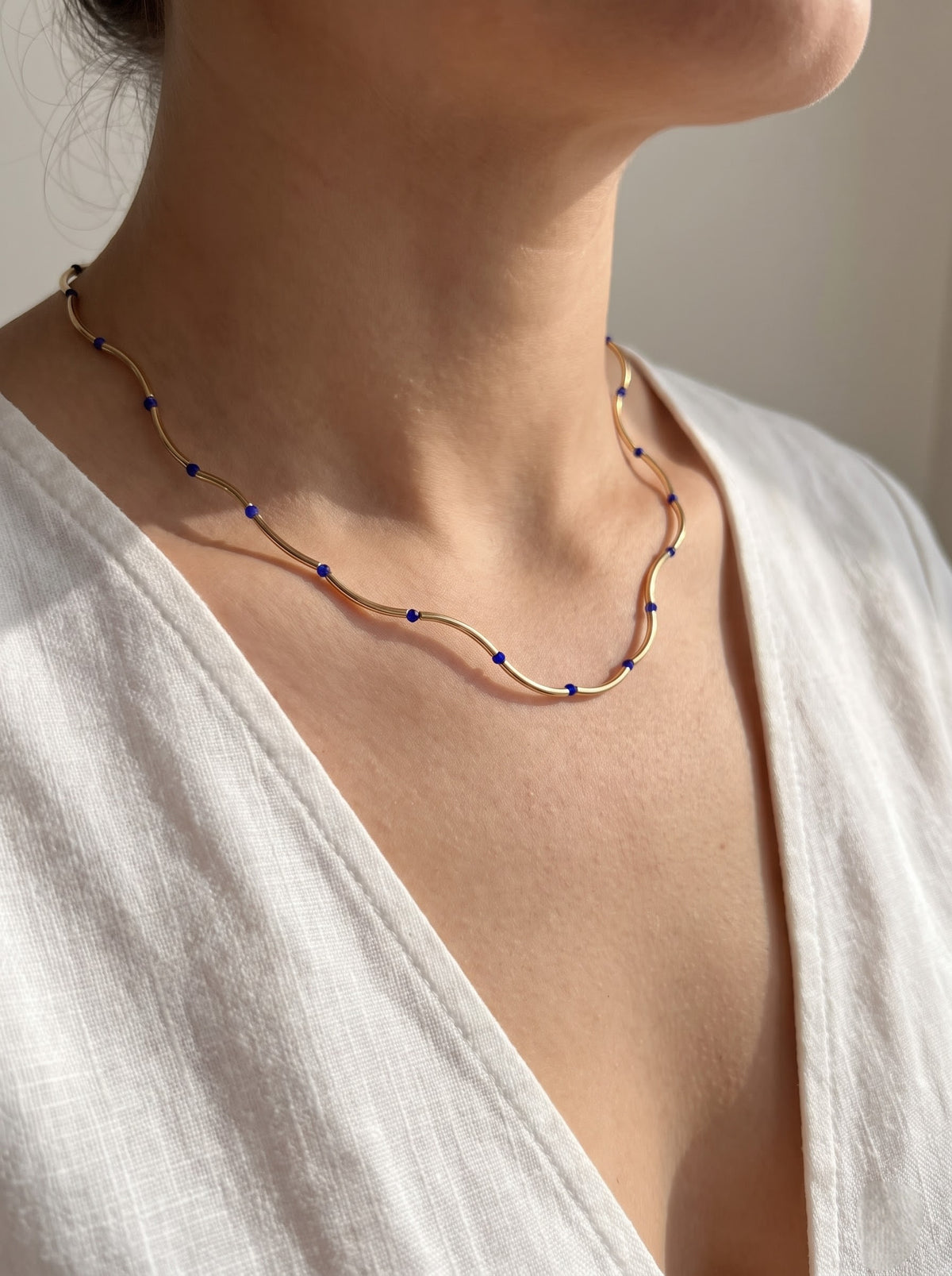 Gold Wave Chain Necklace with Blue Jade Beads