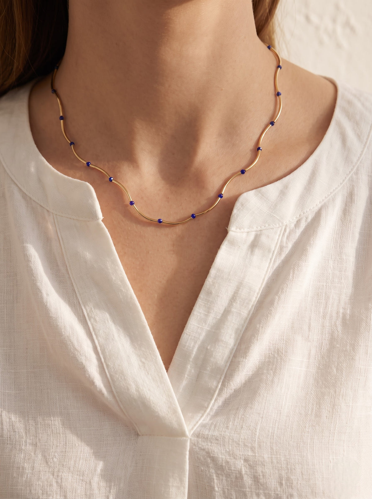 Gold Wave Chain Necklace with Blue Jade Beads
