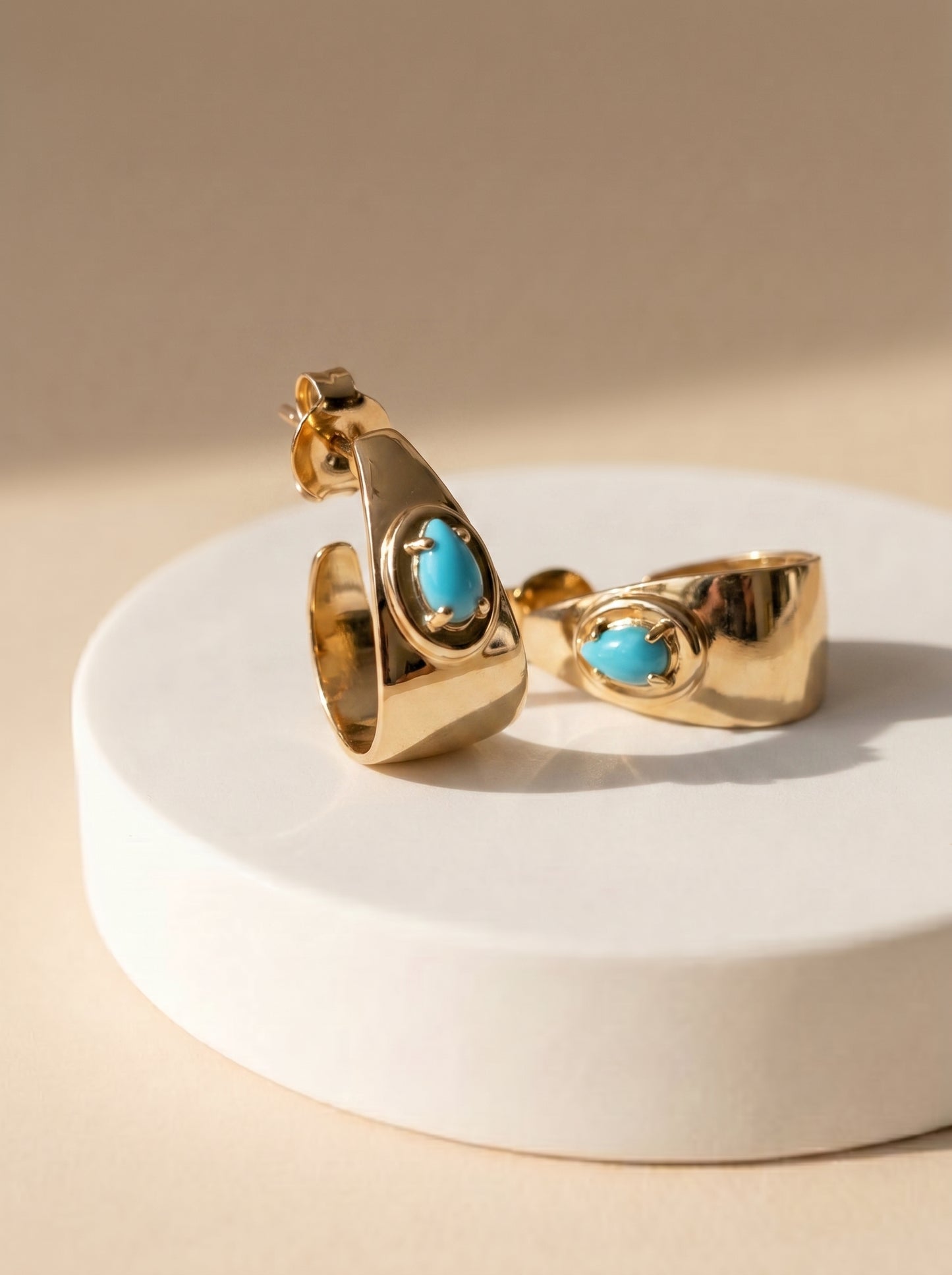 Gold Half Hoop Earrings with Turquoise Stone